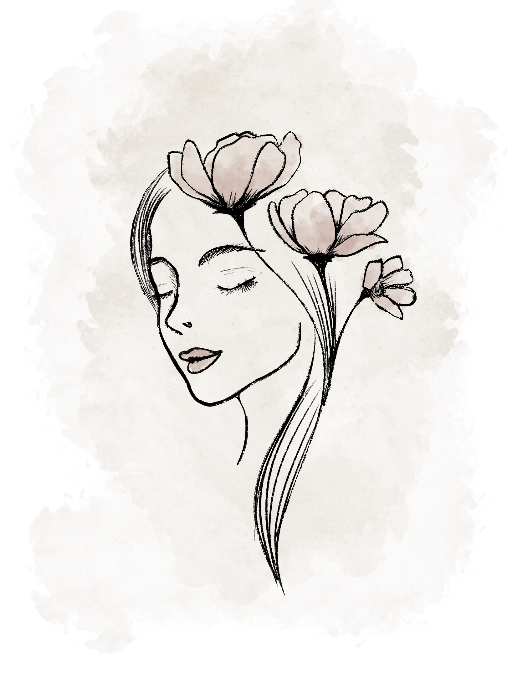 A line drawing of a woman's face with flowers in her hair to represent lymphatic drainage massage by esthetician in Stl MO