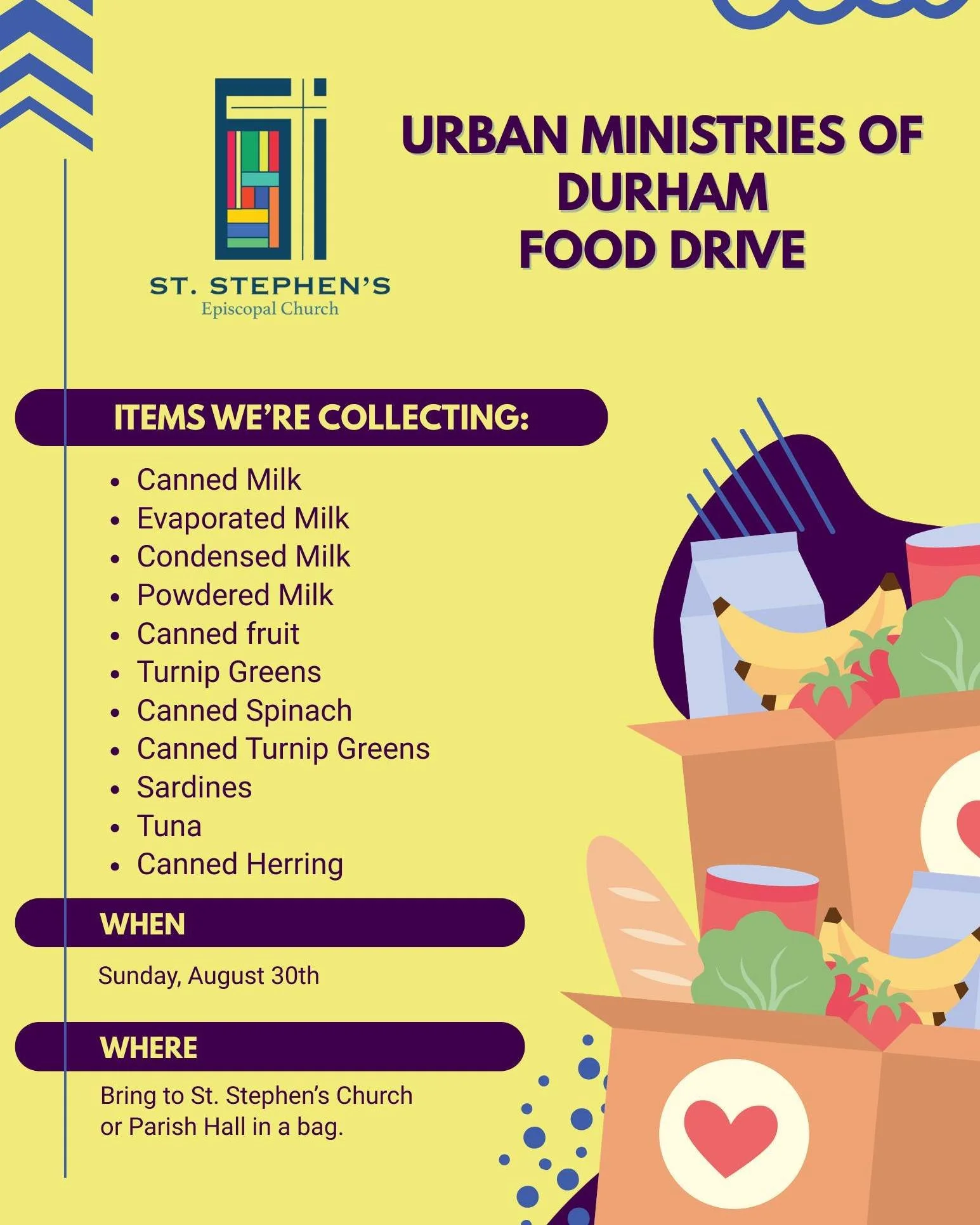 During the month of August, we are collecting food for Urban Ministries of Durham and school supplies for Forest View Elementary! Bring items to the Church or Parish Hall on Sunday, August 30. Please help us to support two of our community partners a