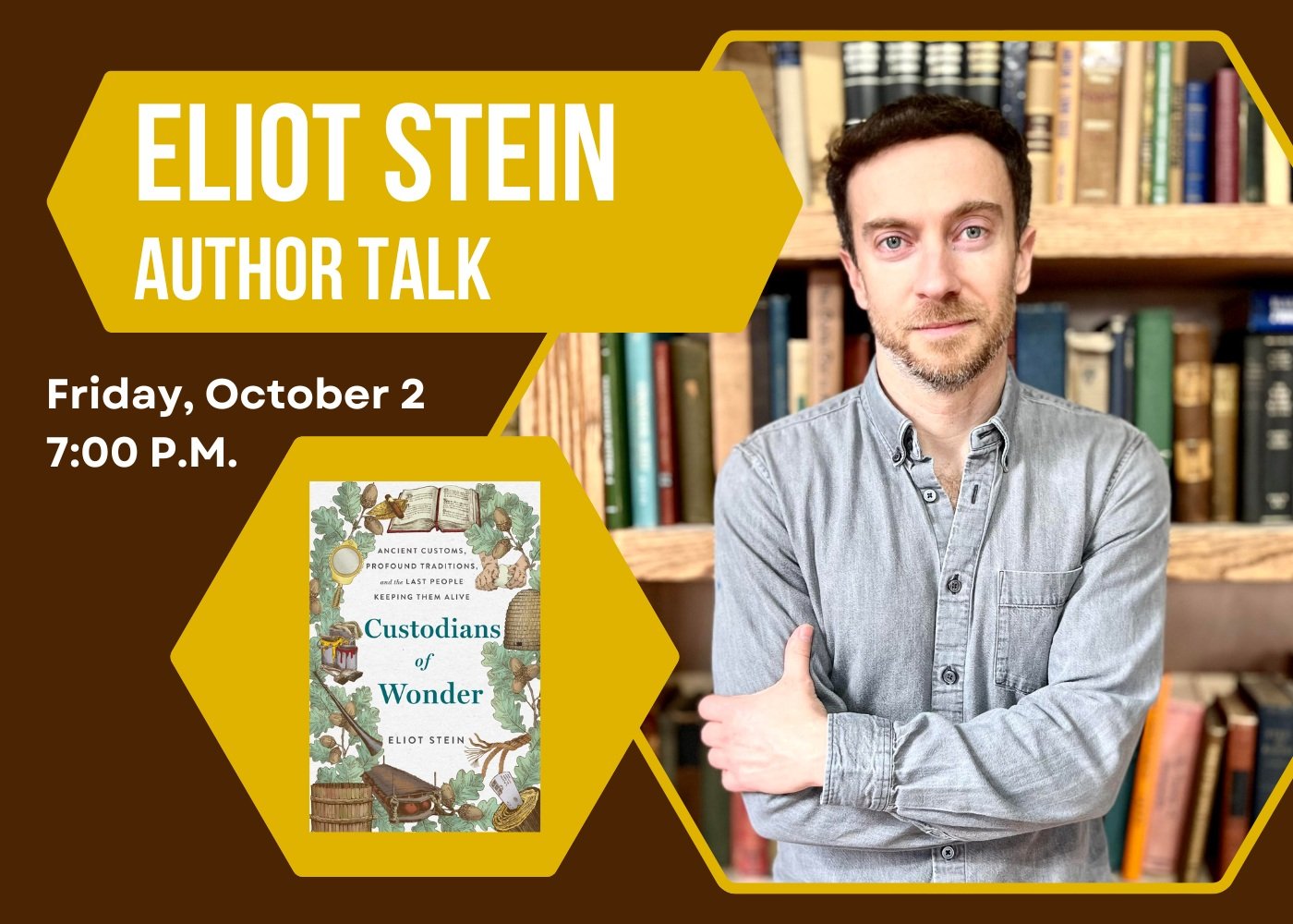Eliot Stein: Author Talk

Friday, October 2

7:00 p.m. | Church

Rescheduled from January: Join us for an author talk with BBC senior journalist, Eliot Stein, who will be discussing his latest book, Custodians of Wonder: Ancient Customs, Profound Tra