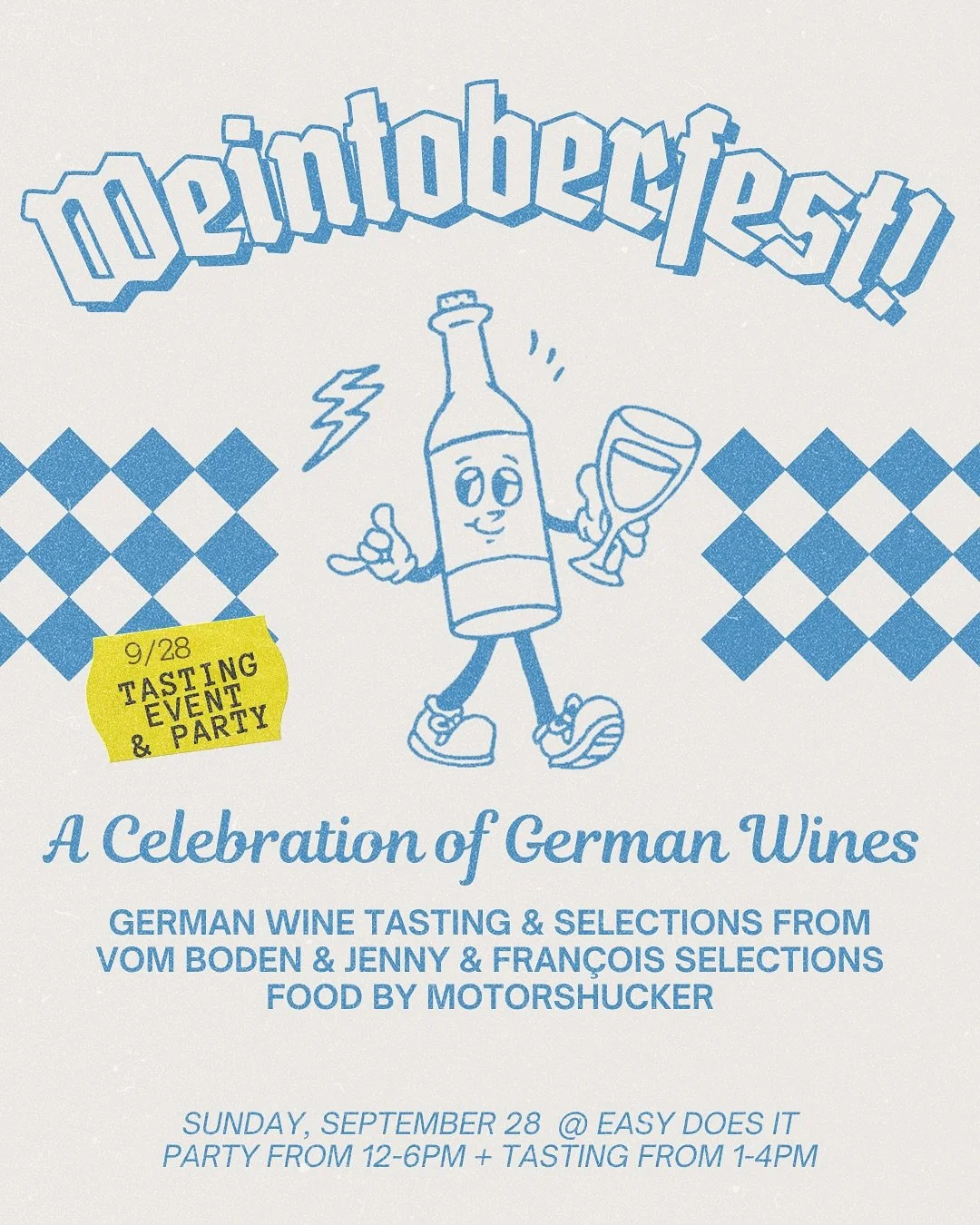 3RD ANNUAL WEINTOBERFEST! It&rsquo;s like Oktoberfest, but with wine! ⁠
⁠
⁠
🗓️ Sunday, September 28th⁠
✨️ Party 12-6pm &amp; tasting 1-4pm⁠
🍷 Tasting &amp; Selections from @vomboden and @jennyfrancois Selections⁠
🦪 Food by @motorshucker 
🔊 DJ Set