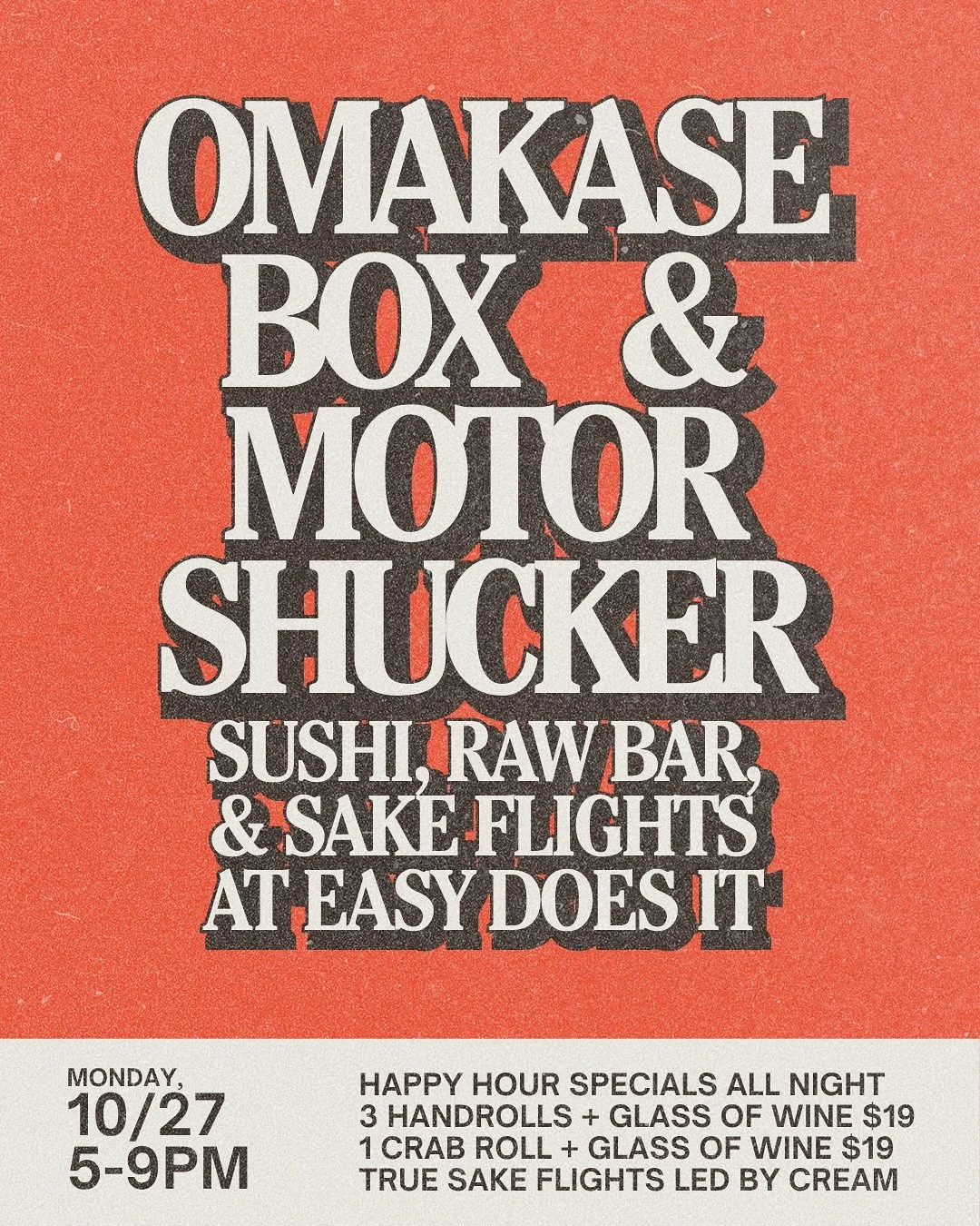 Omakase Box 🤝 Motorshucker⁠
📍Easy Does It⁠
⁠
Join us for the ultimate Monday link up this coming Monday, October 27th, featuring ⁠
⁠
&bull; Handrolls ⁠
&bull; Raw Bar ⁠
&bull; Collaborative Menu Items ⁠
&bull; True Sake Flights ⁠led by Cream⁠
&bull