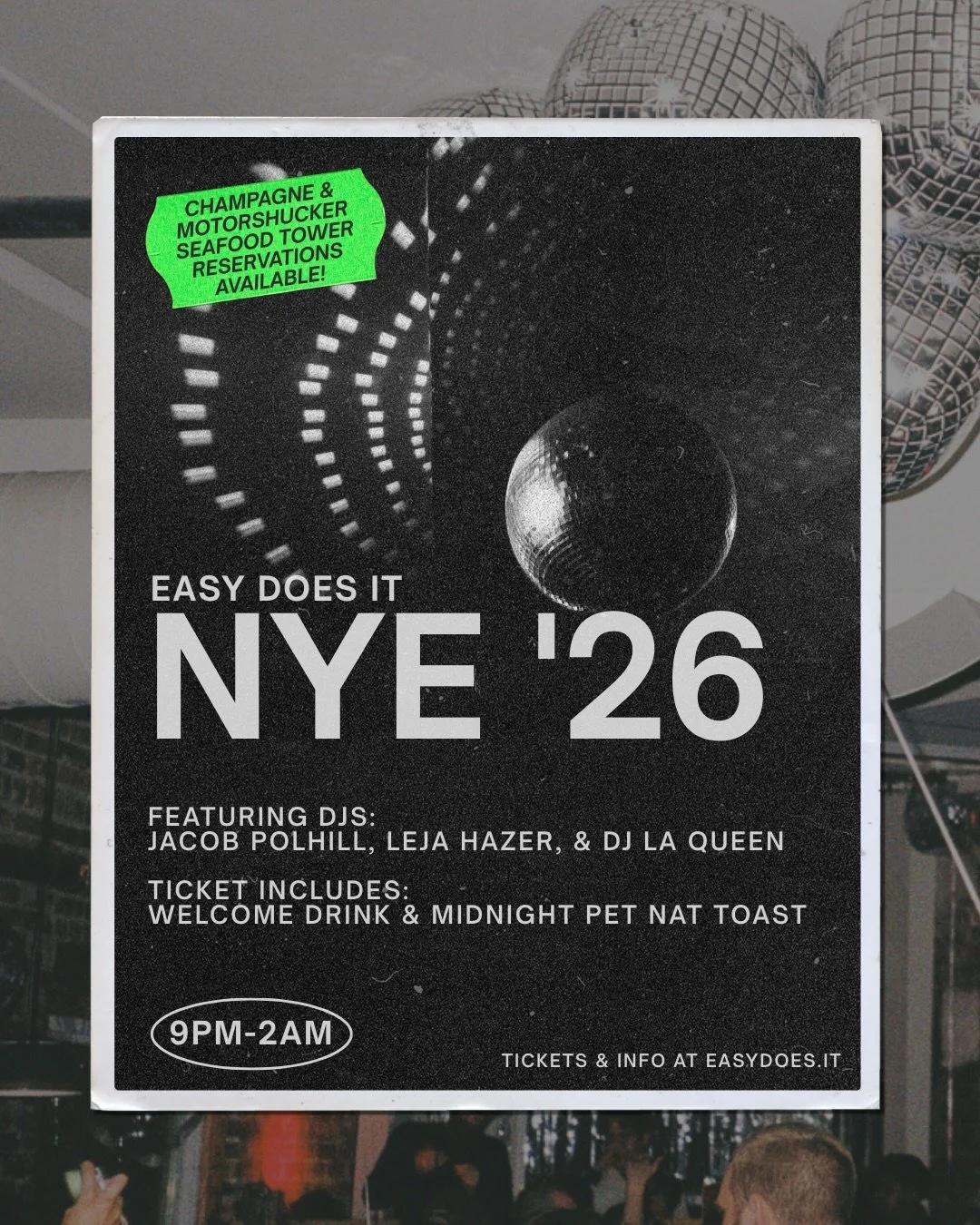 ✨ NYE &lsquo;26 AT EASY DOES IT ✨ 12.31.25 ⁠
⁠
Tickets on sale now!⁠
⁠
STARTING WITH &mdash;&gt; NYE HAPPY HOURS ⁠🍷⁠
&bull; No ticket required ⁠
&bull; 2PM-8:30PM⁠
&bull; $8 wines by the glass, $32 wine by the bottle, $8 cocktails, $3 beers⁠
&bull; 