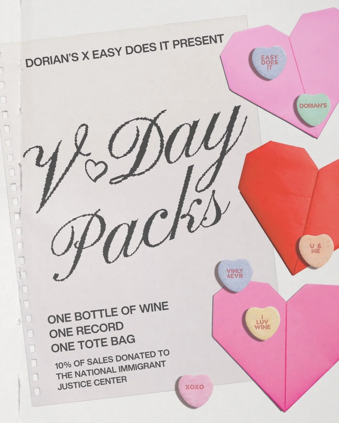 RECORD &amp; WINE PACKS ARE BACK! &hearts;️⁠ ⁠
⁠
⁠
V-Day drop featuring vinyl curated by @throughtherecordshop and wine by @⁠easydoesitchicago in an EDI tote bag ⁠
⁠
Each pack is $75 and 10% of total sales will be donated to The National Immigrant Ju