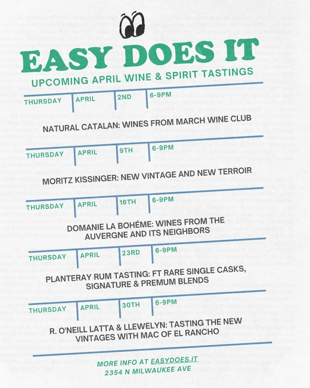 UPCOMING APRIL WINE TASTINGS AT EASY DOES IT 🍷🗓️⁠ ⁠
⁠
DETAILS &mdash;> ⁠
&bull; Tastings weekly on Thursdays from 6-9pm ⁠
&bull; $10 to taste, free for wine club ⁠
⁠
⁠ON THE APRIL DOCKET &mdash;>⁠
&bull; Thursday 4/2 Natural Catalan ft Wines 