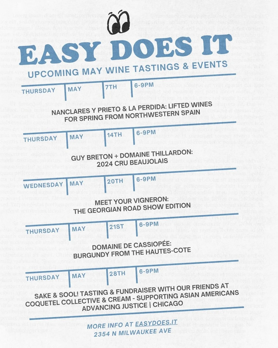 UPCOMING MAY WINE TASTINGS AT EASY DOES IT 🍷🗓️⁠ ⁠
⁠
DETAILS &mdash;> ⁠
&bull; Tastings weekly on Thursdays from 6-9pm ⁠
&bull; $10 to taste, free for wine club ⁠(except for 5/28!) ⁠
⁠
⁠ON THE MAY DOCKET &mdash;>⁠
&bull; Thursday 5/7 Nanclares