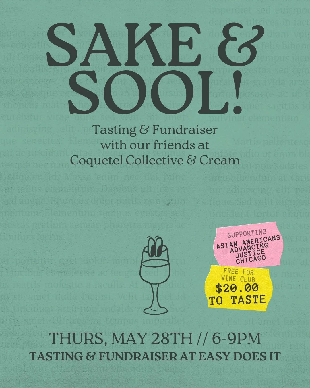 Sake &amp; Sool! Celebrating AAPI Month Thursday 5/28 with a Tasting &amp; Fundraiser featuring pours from our friends at @cocktail.collective_co &amp; @creamwine supporting @advancingjusticechicago! 
⁠
Pouring some extremely compelling sake, soju, m