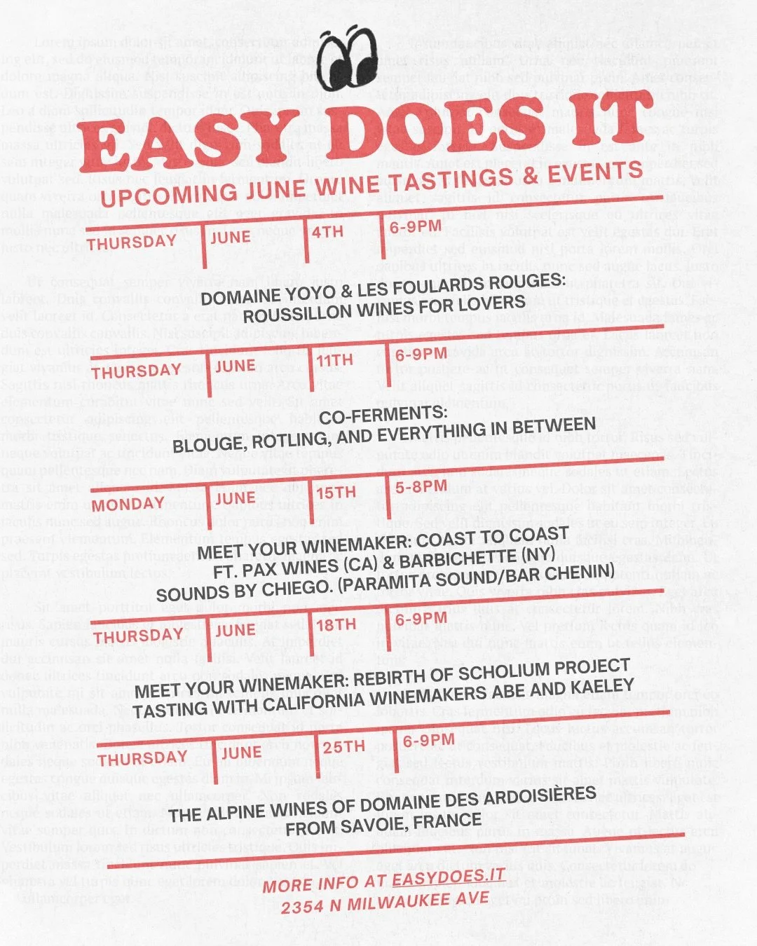 UPCOMING JUNE WINE TASTINGS AT EASY DOES IT 🍷🗓️⁠ ⁠
⁠⁠
⁠
DETAILS &mdash;> ⁠
&bull; Weekly tastings on Thursdays from 6-9pm ⁠
&bull; Special Monday 6/15 tasting this month from 5-8pm⁠
&bull; $10 to taste, free for wine club ⁠
⁠
⁠ON THE JUNE DOCKET