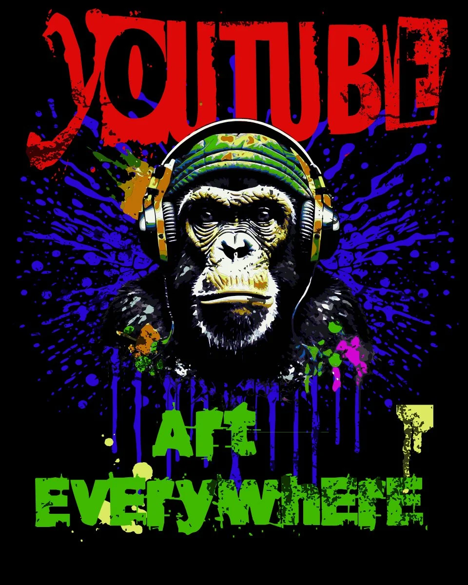 A stylized graphic of a chimpanzee wearing headphones and a beanie, with the text 'YouTube' in red at the top and 'AFK Everywhere' in green at the bottom, against a black background with colorful splashes.