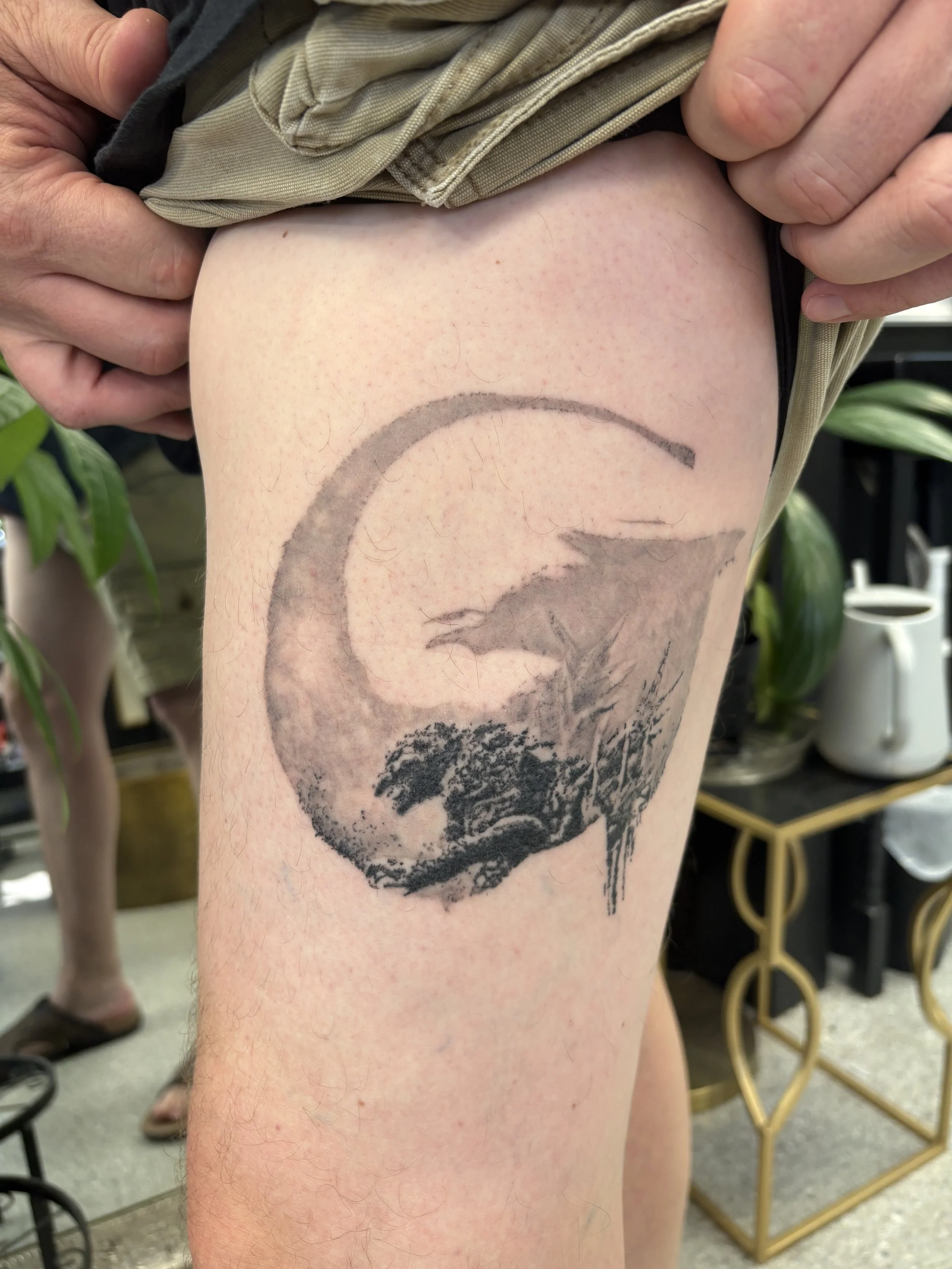 healed tattoo black and grey tattoo Godzilla tattoo Englewood ohio