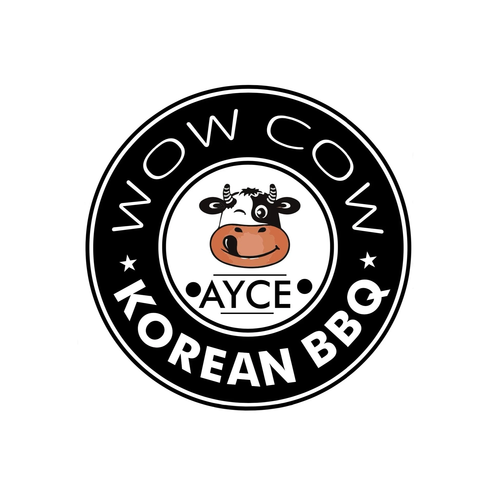 Logo featuring a cartoon cow's face with the brand name AYCE in the center, surrounded by the text 'WOMOW KOREAN BBQ' in a circular design.