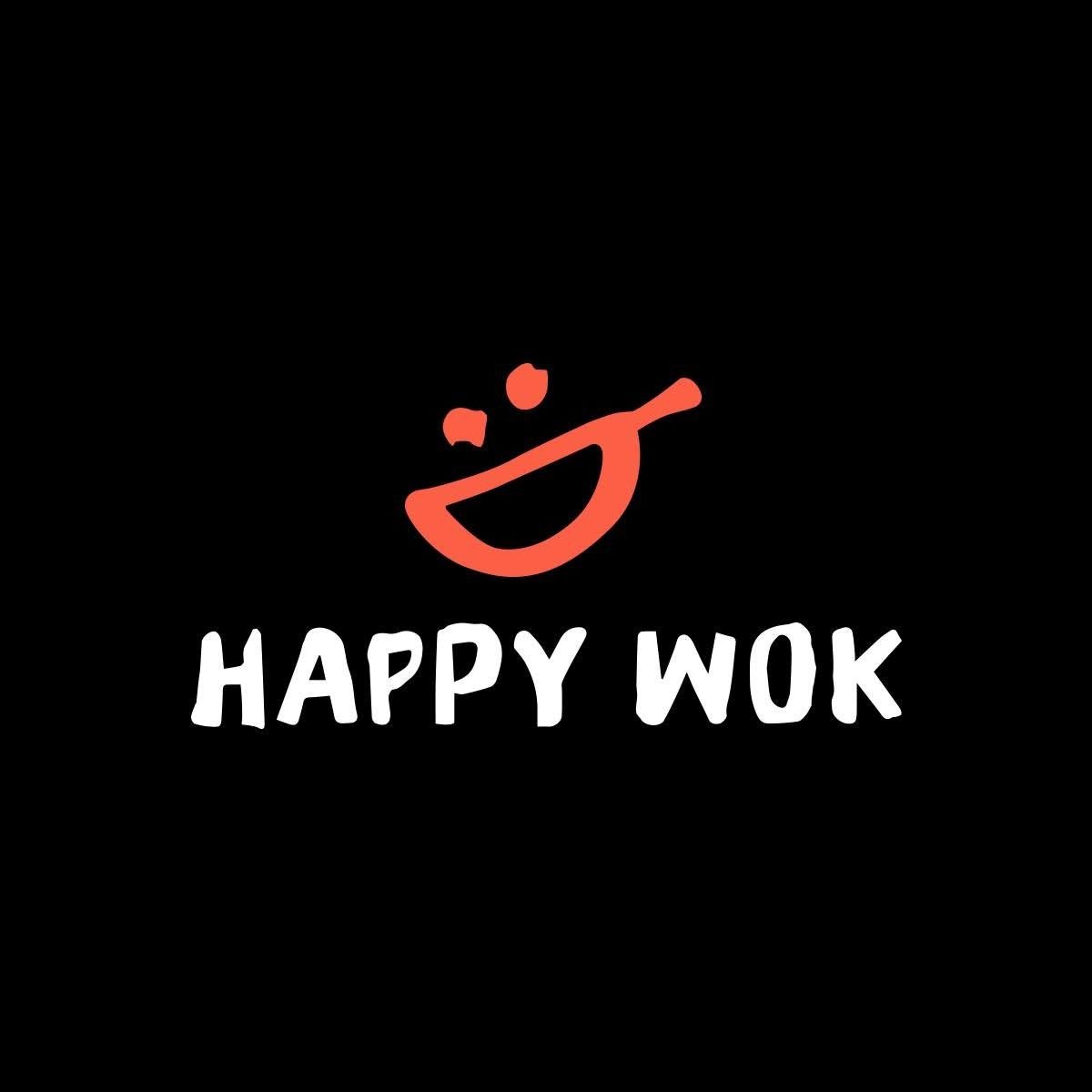 Black background with a smiling face emoji above the white text 'HAPPY WOK'