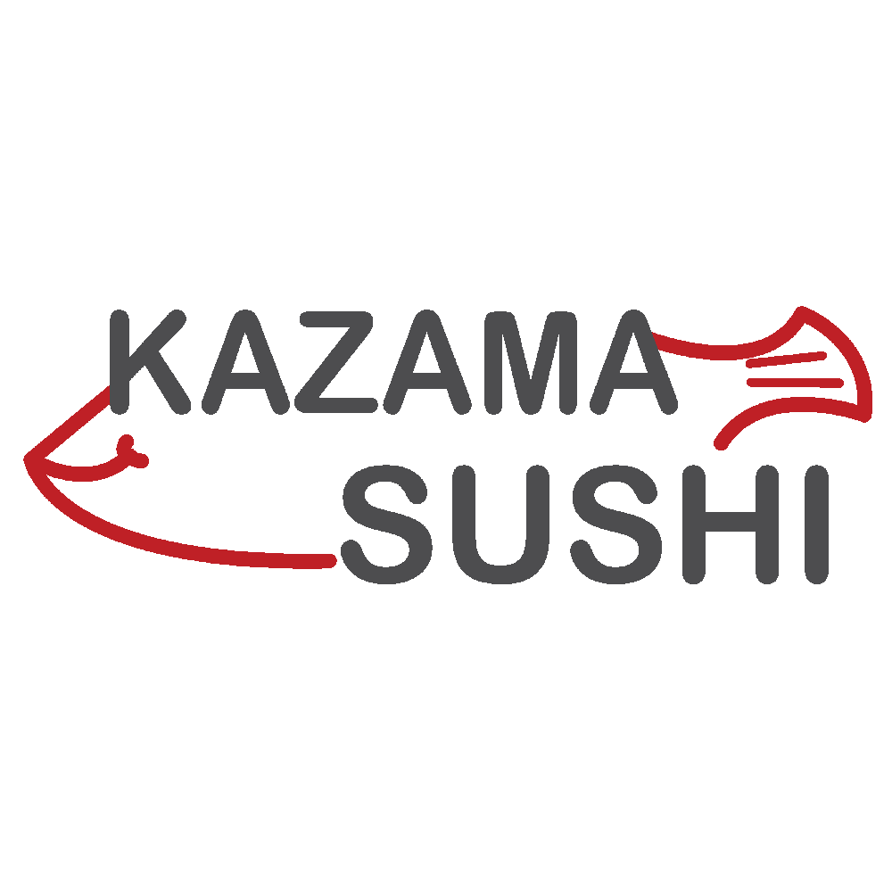 Logo for Kazama Sushi with a stylized red fish outline surrounding the text.