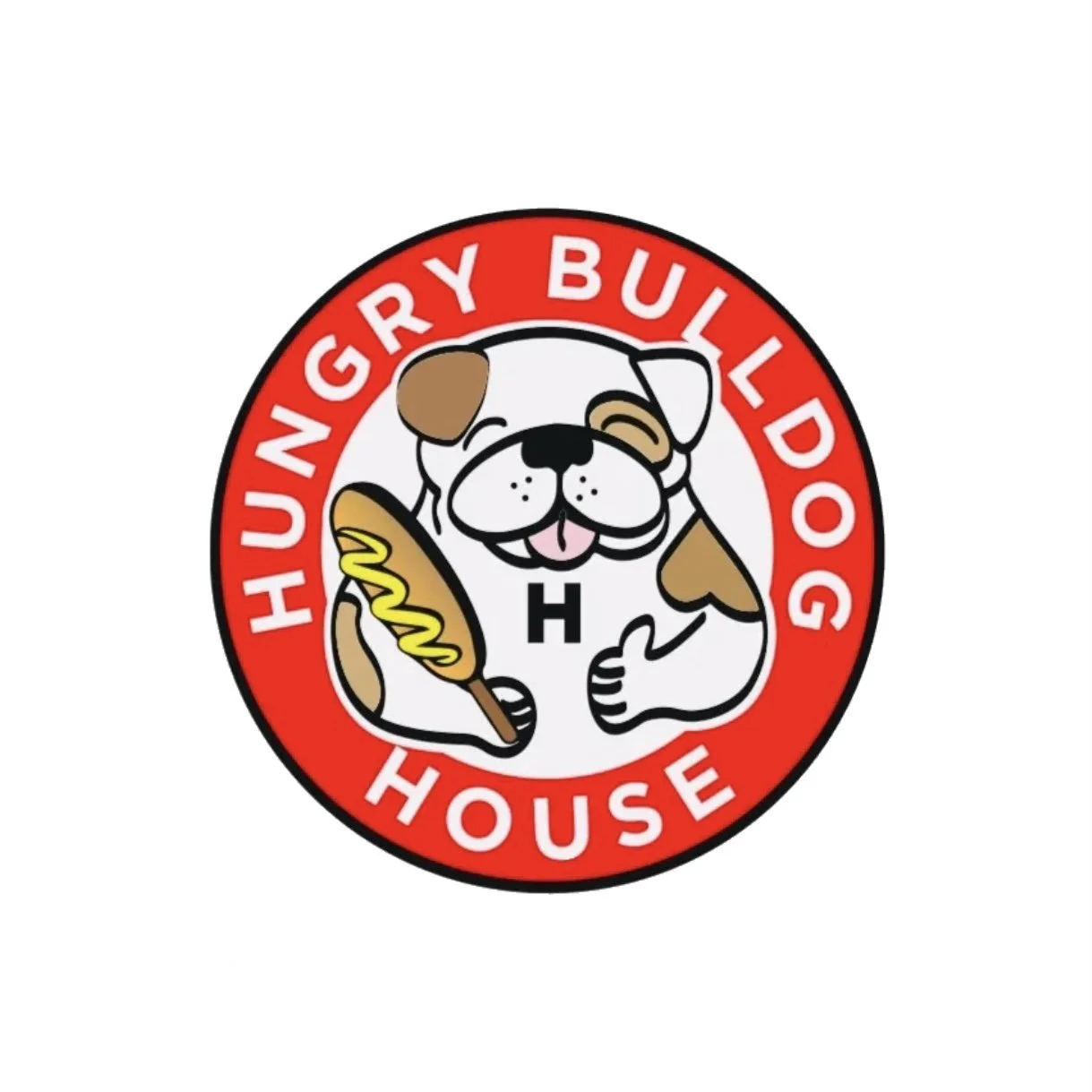 Logo of a humorous dog-themed hot dog stand featuring a cartoon bulldog holding a hot dog with mustard, giving a thumbs-up, with the text "Humgry Bulldog House" in a red circular border.