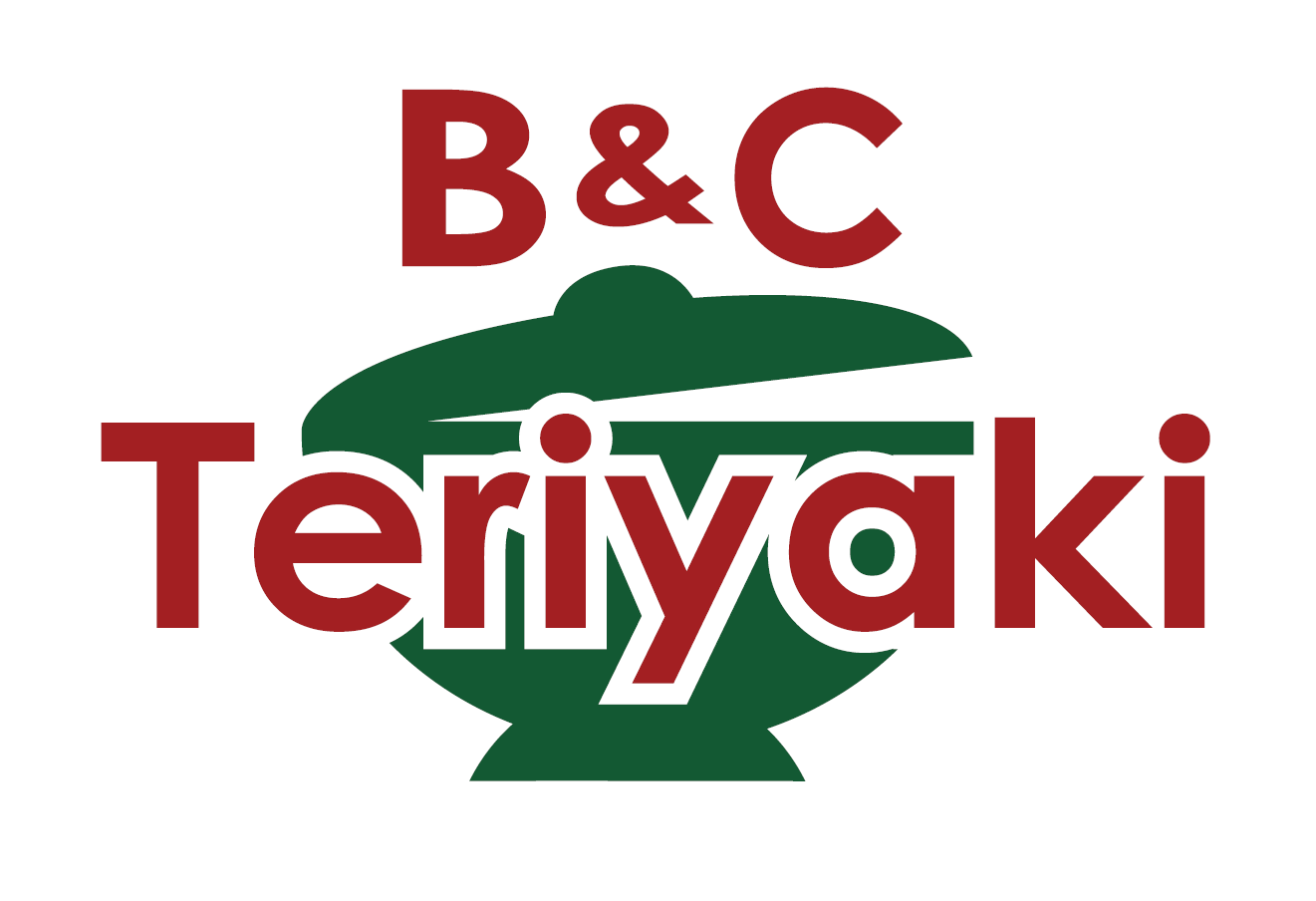 Logo featuring a green bowl with the words 'B&C' above it and 'Teriyaki' below it in red text.