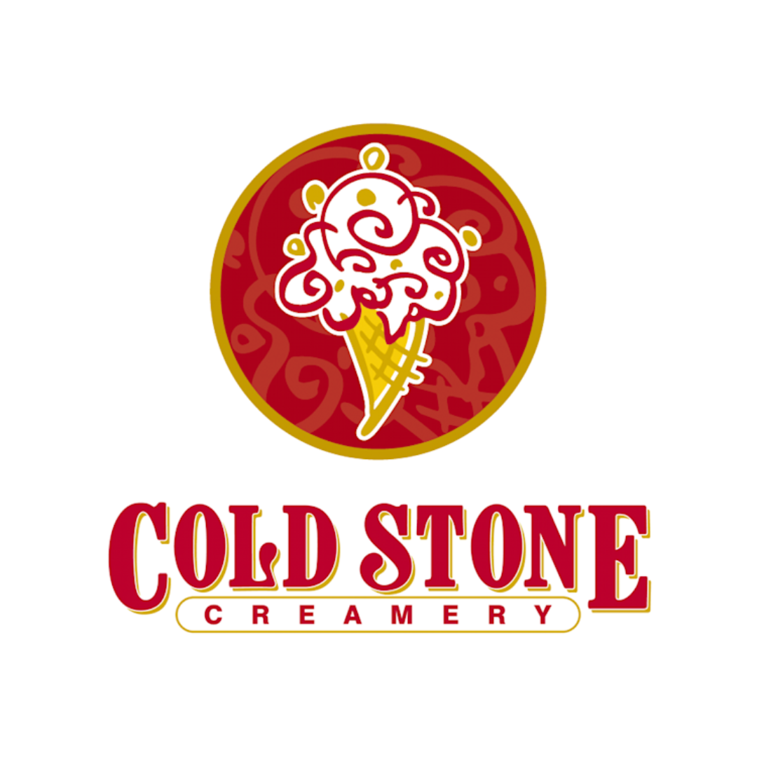Logo of Cold Stone Creamery featuring an ice cream cone with abstract swirl design inside a red and gold circle, with the brand name in bold red letters below.