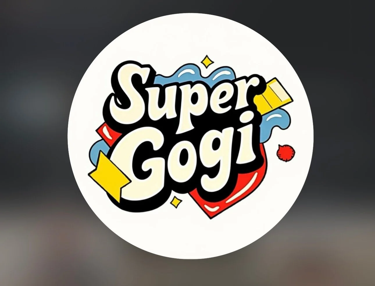 Colorful logo with the words 'Super Gogi' surrounded by cartoonish elements like a yellow block, spilling blue liquids, and red splatters.