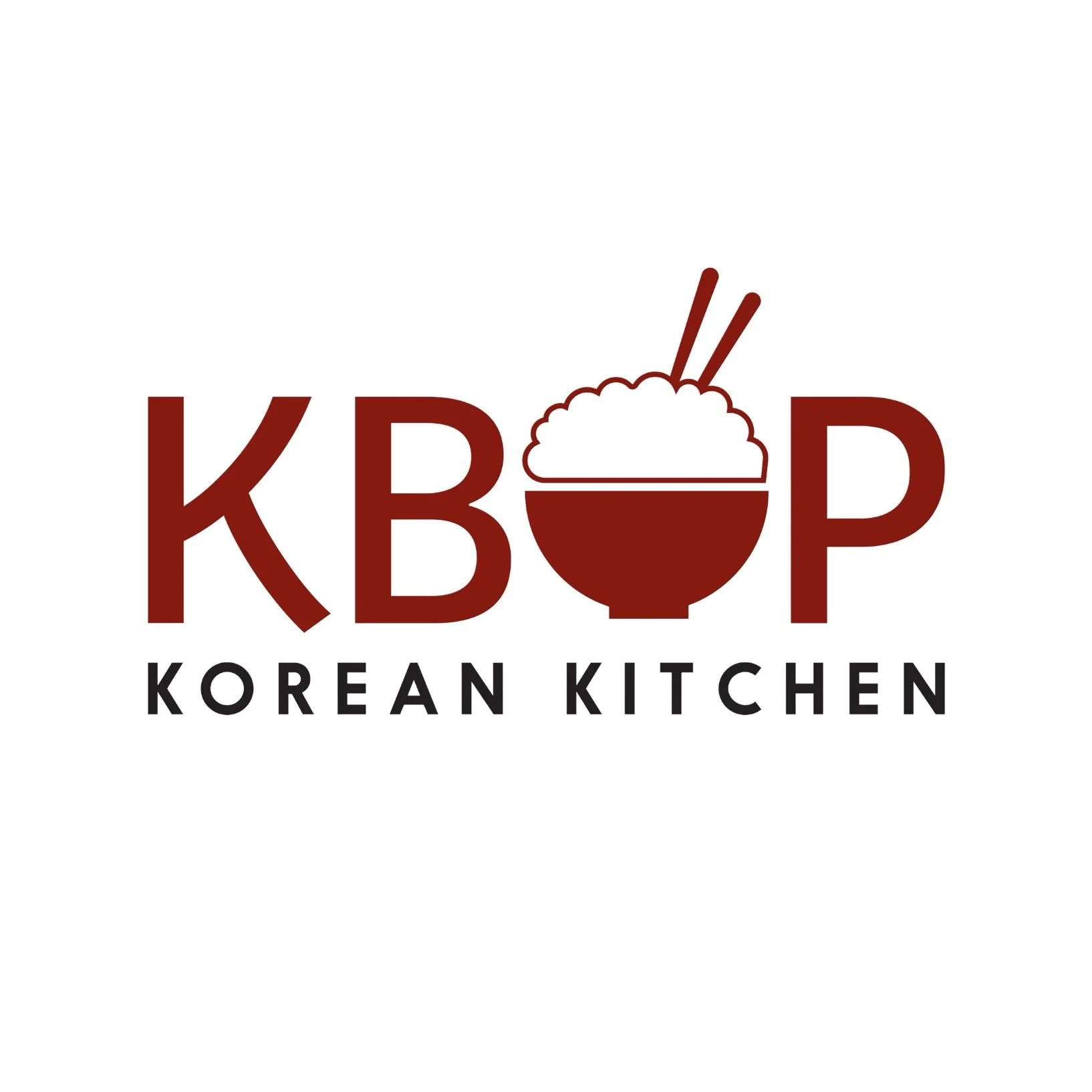 Logo for Korean Kitchen with red and black text, a bowl of rice with chopsticks in the center, and the words 'KBP' and 'Korean Kitchen'.