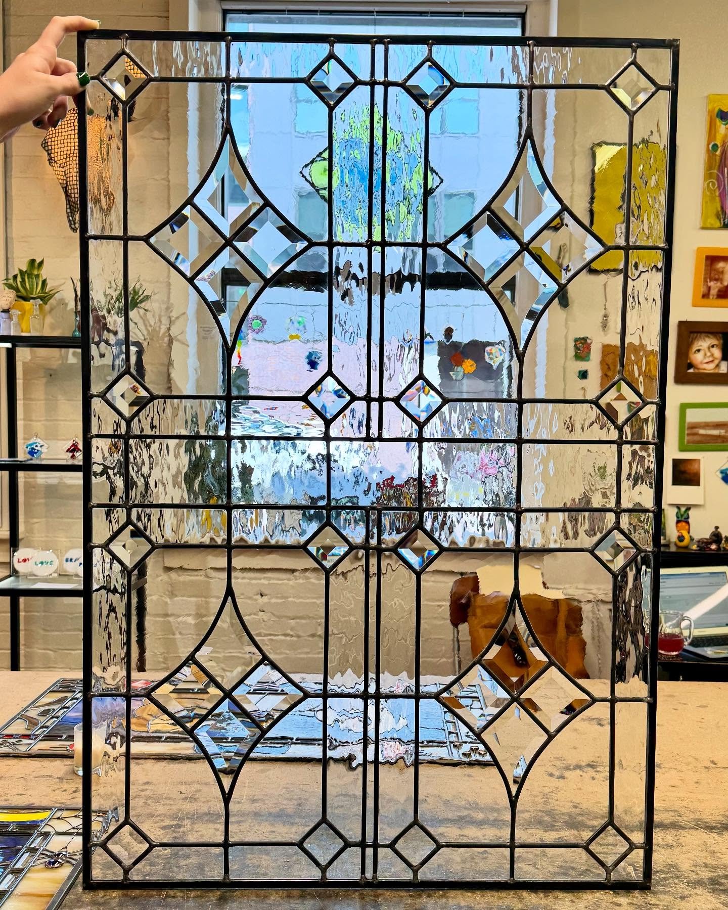 Before &amp; after: My client brought me 4 separate leaded glass windows, and I combined them into a single panel to fit their custom-sized window opening. A creative reuse of existing stained glass! #stainedglass #windowtransformation #glassstudio #