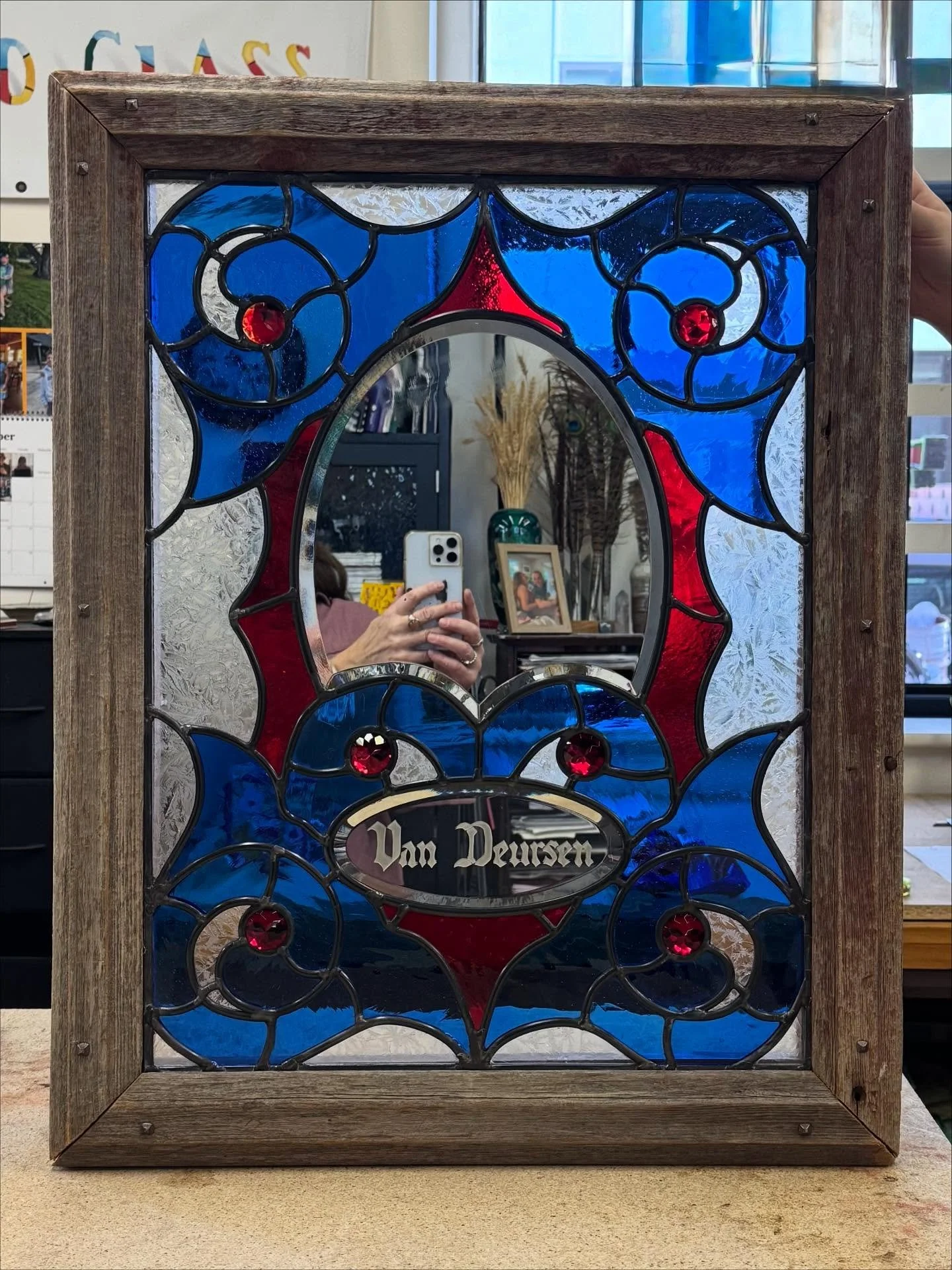 This heirloom stained-glass window came to me with nearly a third of the glass pieces broken! I replaced the shattered pieces, re-leaded the entire window, and swapped the mirrored glue chip for clear glue chip glass to let the light through again. F