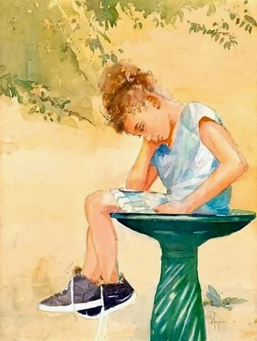 Girl in Birdbath, Watercolor, 30" by 22"