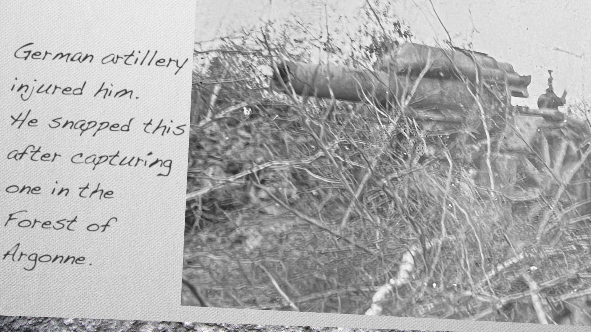 German artillery injured him. He snapped this after capturing one in the Forest of Argonne. 