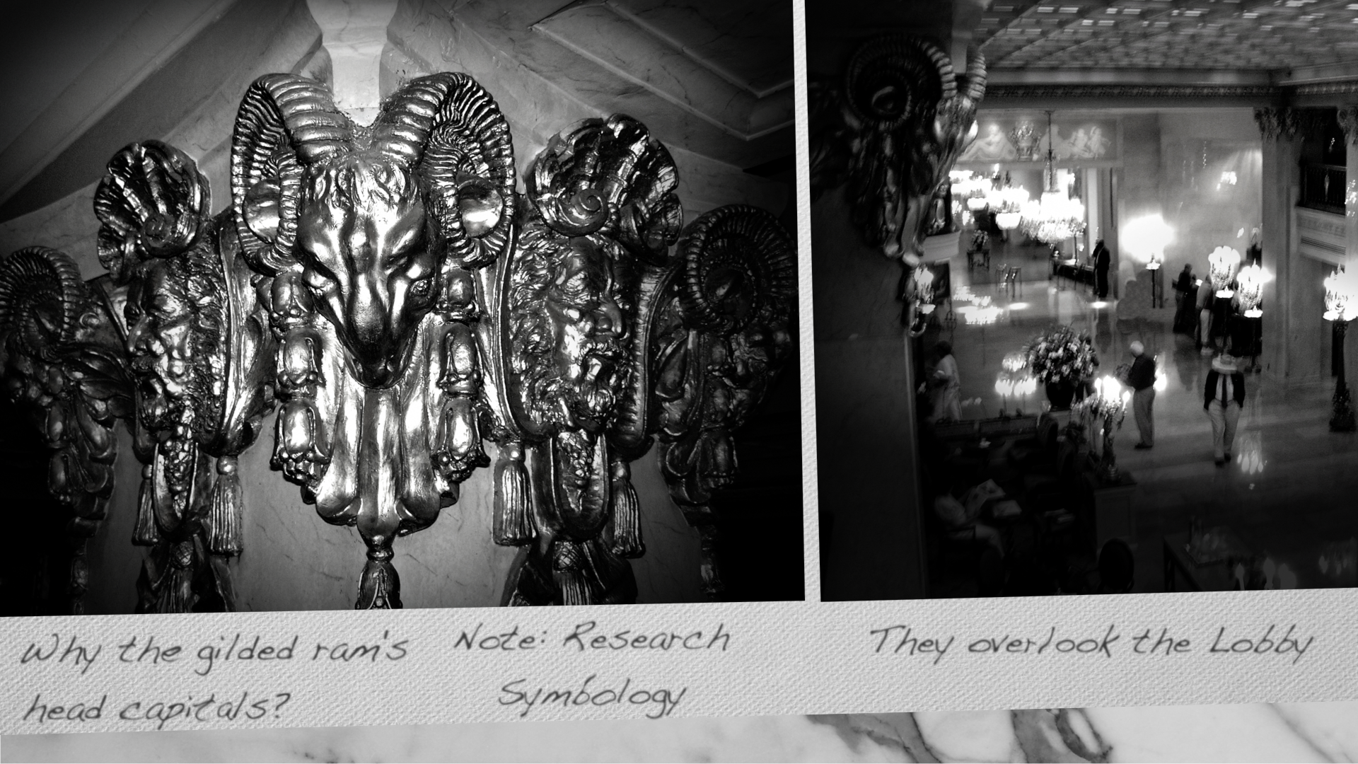 Why the gilded ram's head capitals? Note: Research Symbology. They overlook the lobby. 
