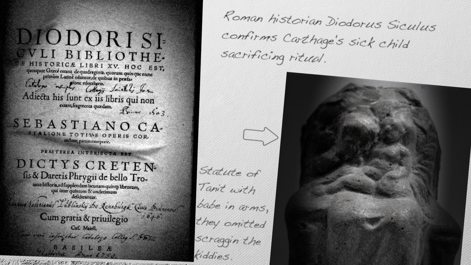 Roman historian Diodorus Siculus confirms Carthage's sick child sacrificing ritual. Statute of Tanit with babe in arms, they omitted scraggin the Kiddies.