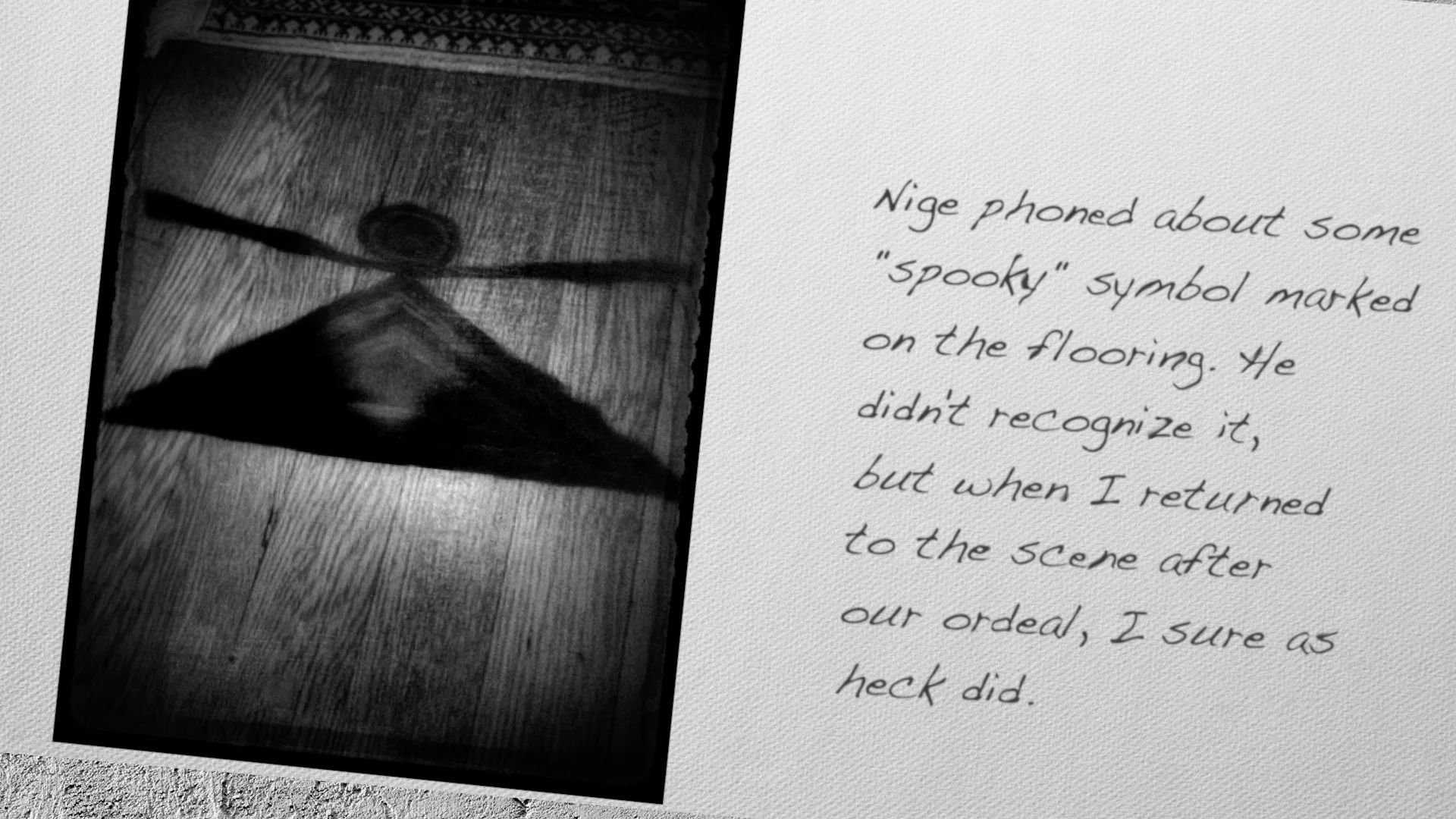 Nige phoned about some "spooky" symbol maked on the flooring. He didn't recognize it, but when I returned after our ordeal, I sure as heck did. 