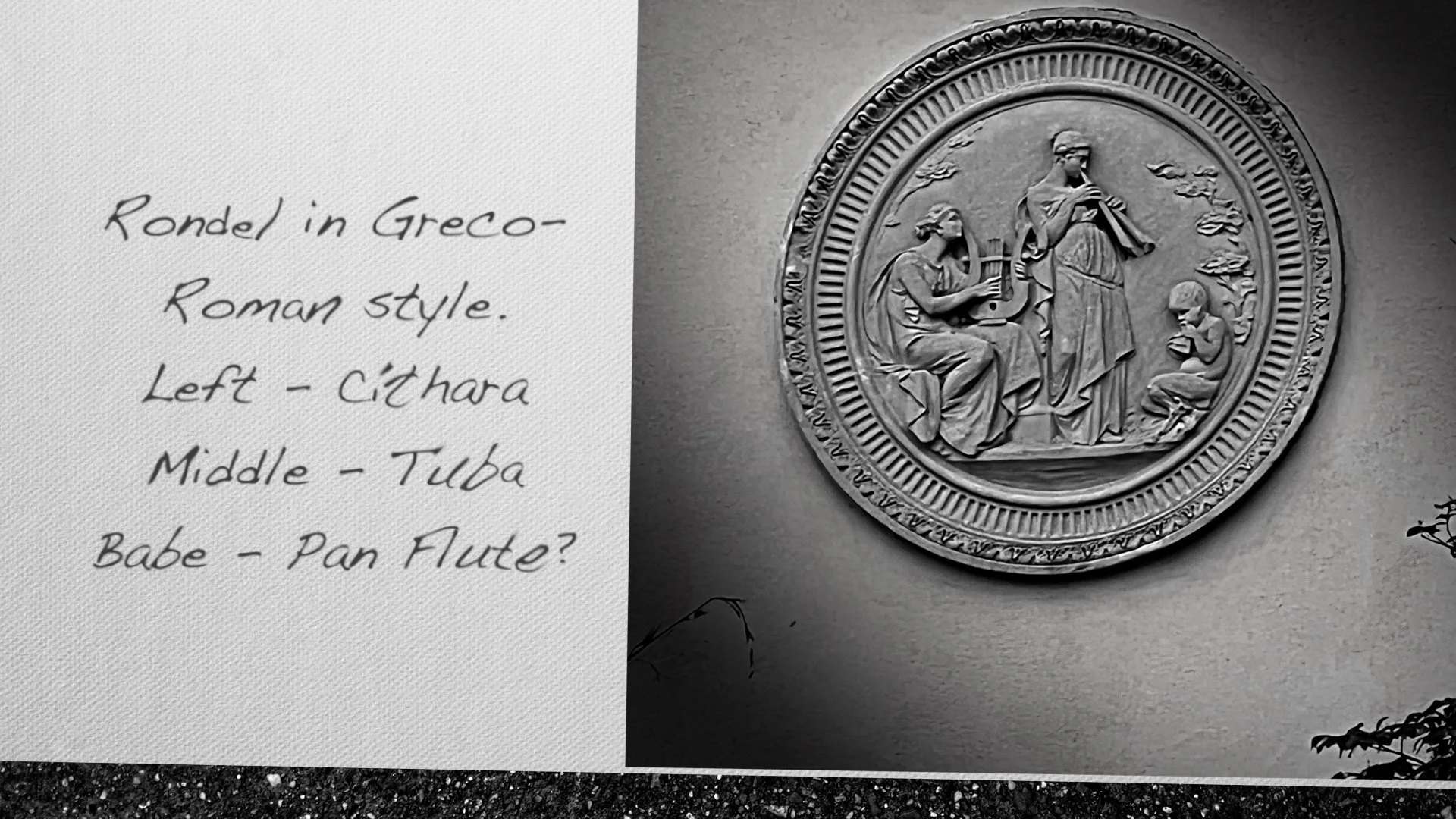 Rondel in Greco-Roman style. Left - Cithara, Middle - Tuba, Babe - Pan Flute?