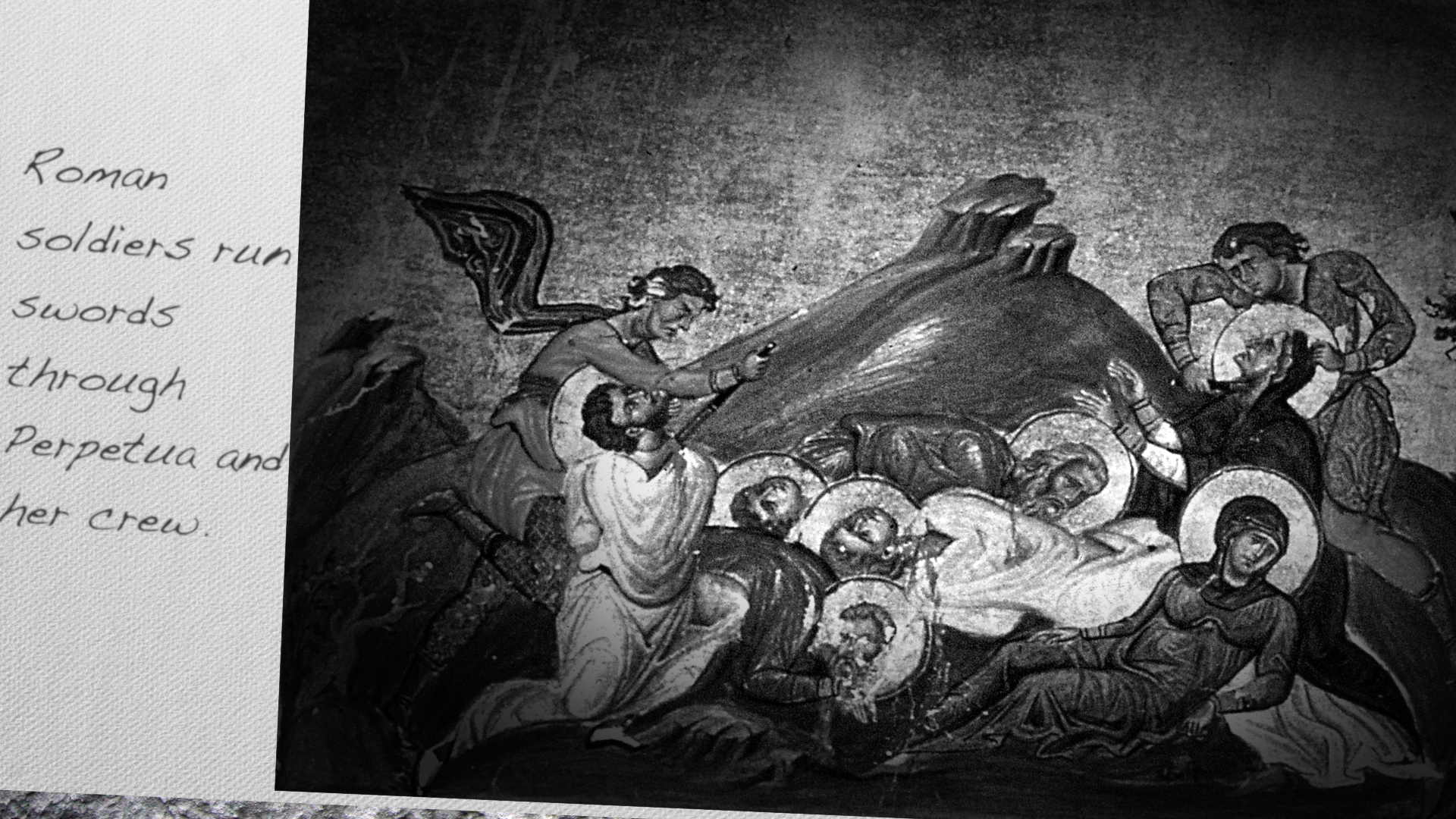 Roman soldiers run swords through Perpetua and her crew. 