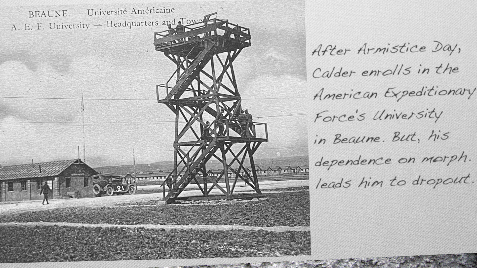 After Armistice Day, Calder enrolls in the American Expeditionary Force's University in Beaune. But, his dependence on morph. leads him to dropout. 