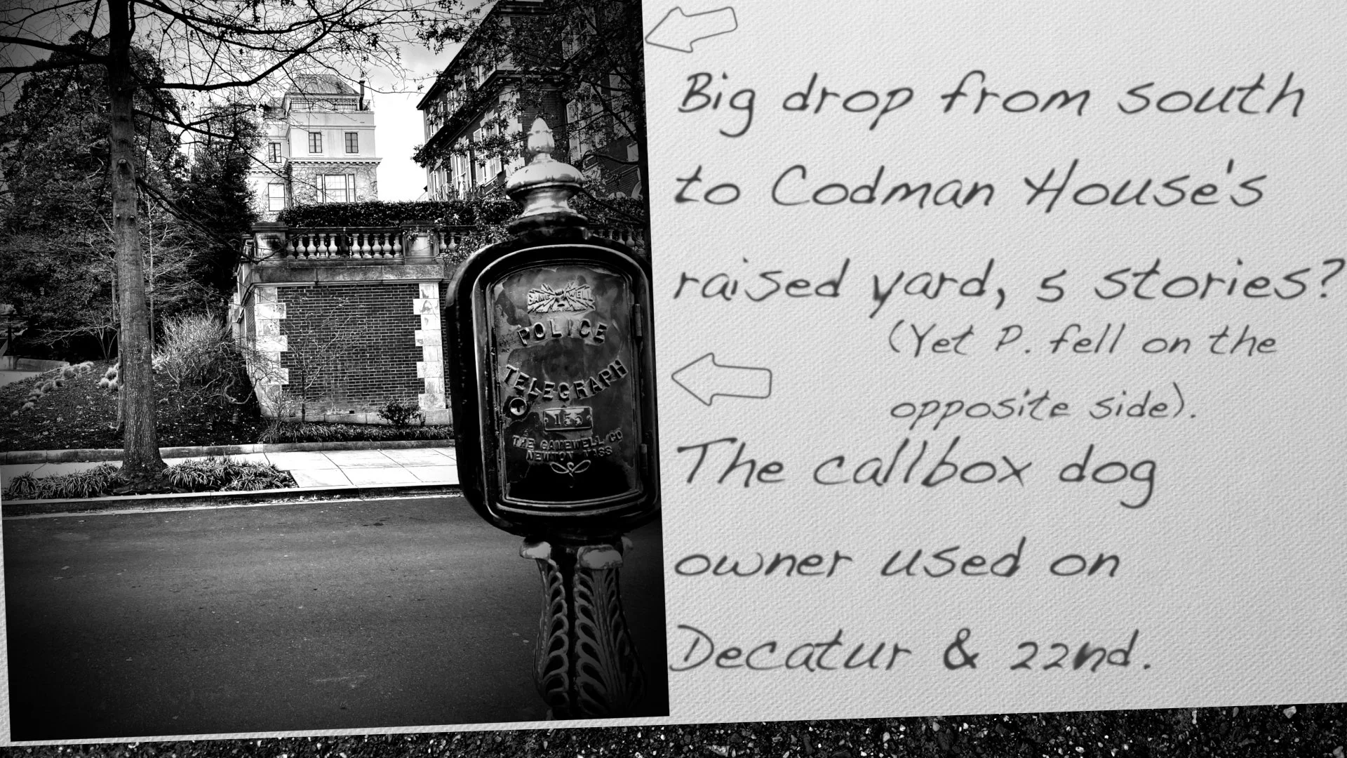 Big drop from south to Codman House's raised yard, 5 stories? (Yet P. fell on the opposite side). The callbox dog owner used on Decatur & 22nd. 