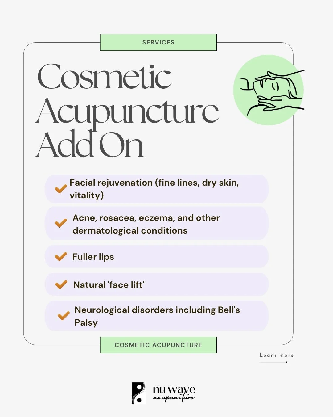 Have you ever considered trying cosmetic acupuncture? 🌟 

Cosmetic acupuncture is designed to enhance your natural beauty by evening out skin tone, reducing redness, and diminishing puffiness. It also targets fine lines, helping you achieve a more y
