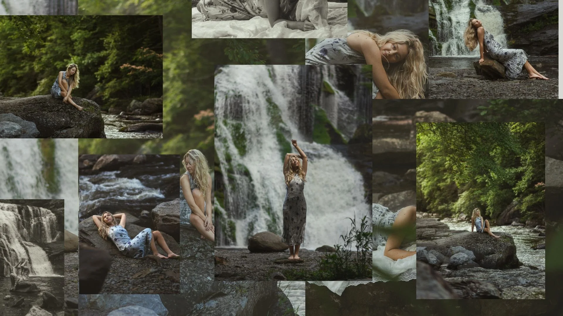 A collage of multiple photos of a young woman with long blonde hair in a flowing dress, exploring and relaxing by a river and waterfalls in a lush green forest.