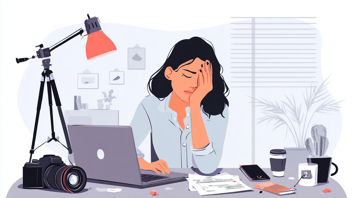 a female business owner looking frustrated at her desk with her laptop open, her phone and a camera on a tripod