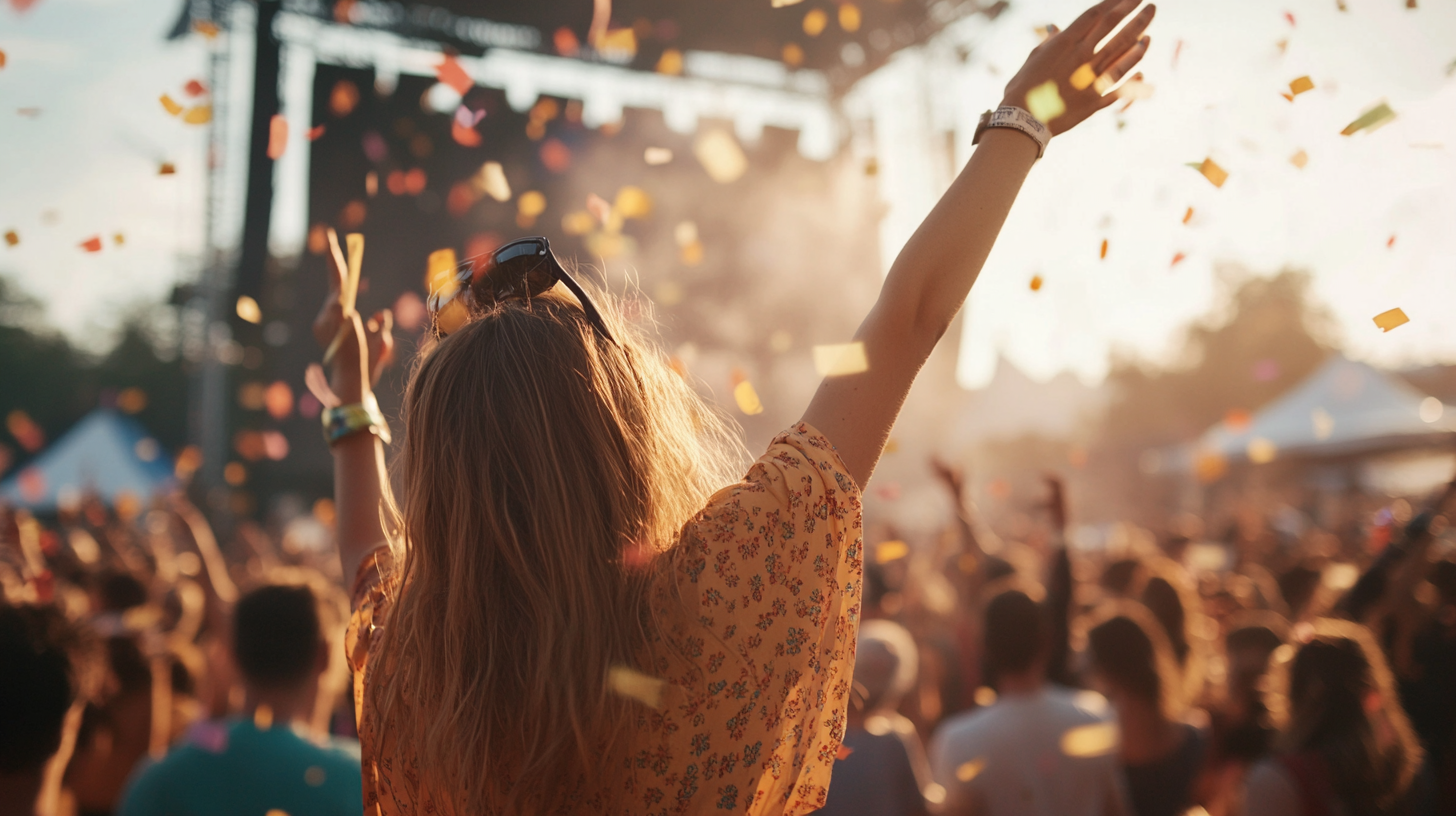 people at an outdoor music festival. Confetti is flying in the air and it is sunset.