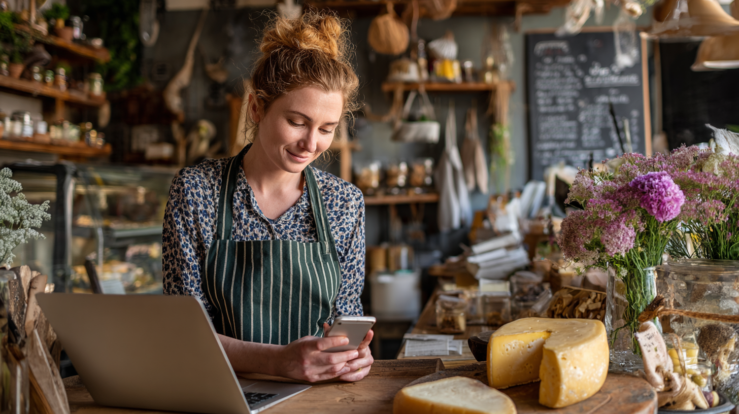 a female cheese shop owner taking photos in her shop with her mobile phone with a laptop on the counter