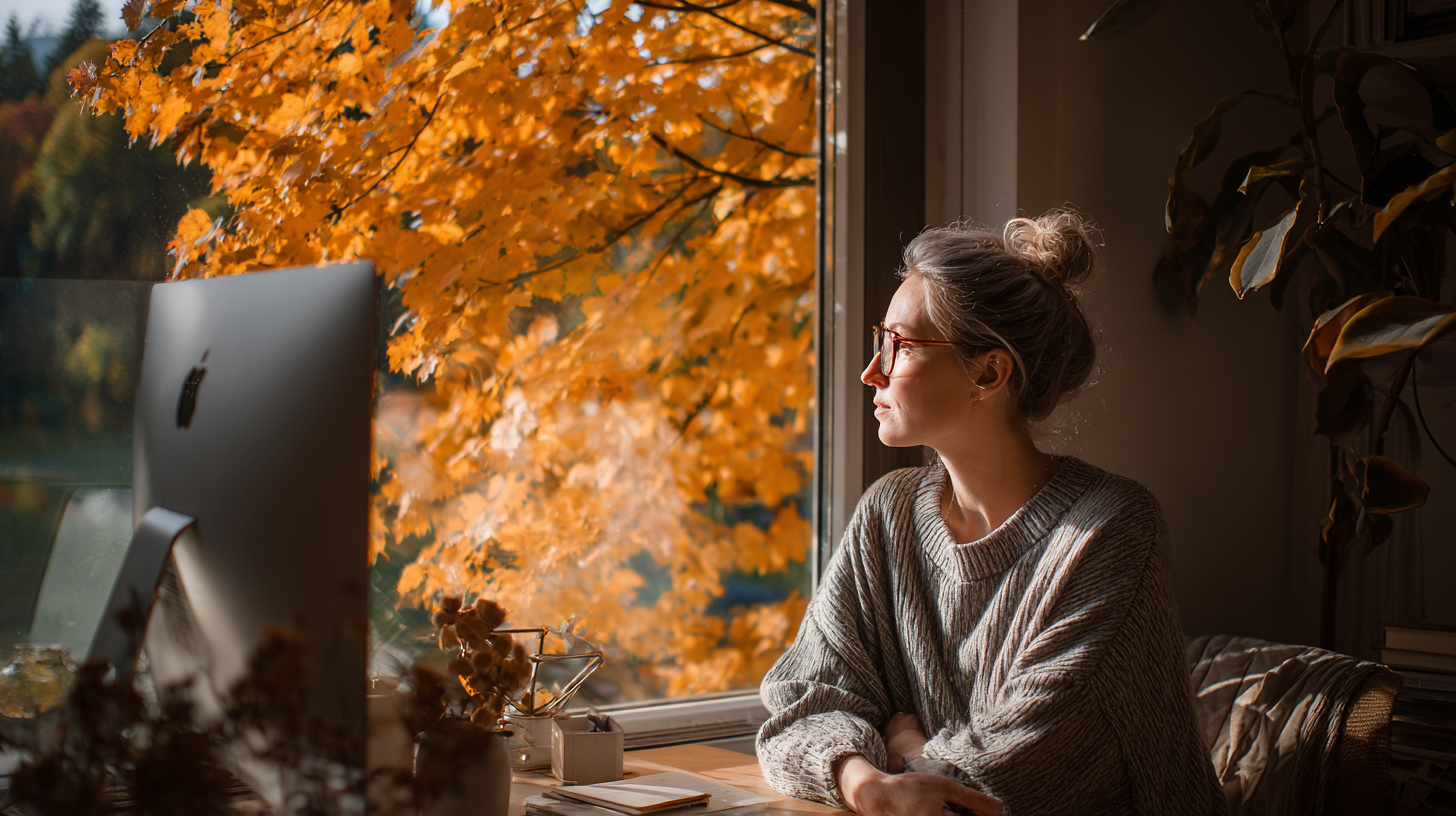 a female business owner in front of her computer at her desk, she is looking out the window and there is a tree outside with autumn leaves