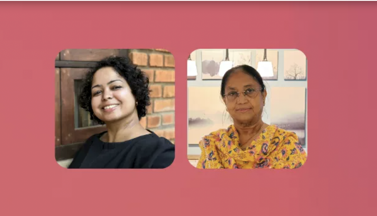 Deepa Bhasthi Banu Mushtaq against pink background Wasafiri Vamika Sinha