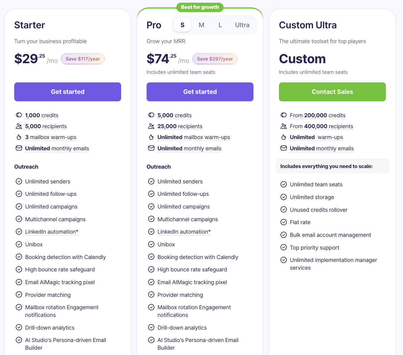 Pricing plans comparison table for email marketing platform, with Starter, Pro, and Custom Ultra options, including features, prices, and benefits.