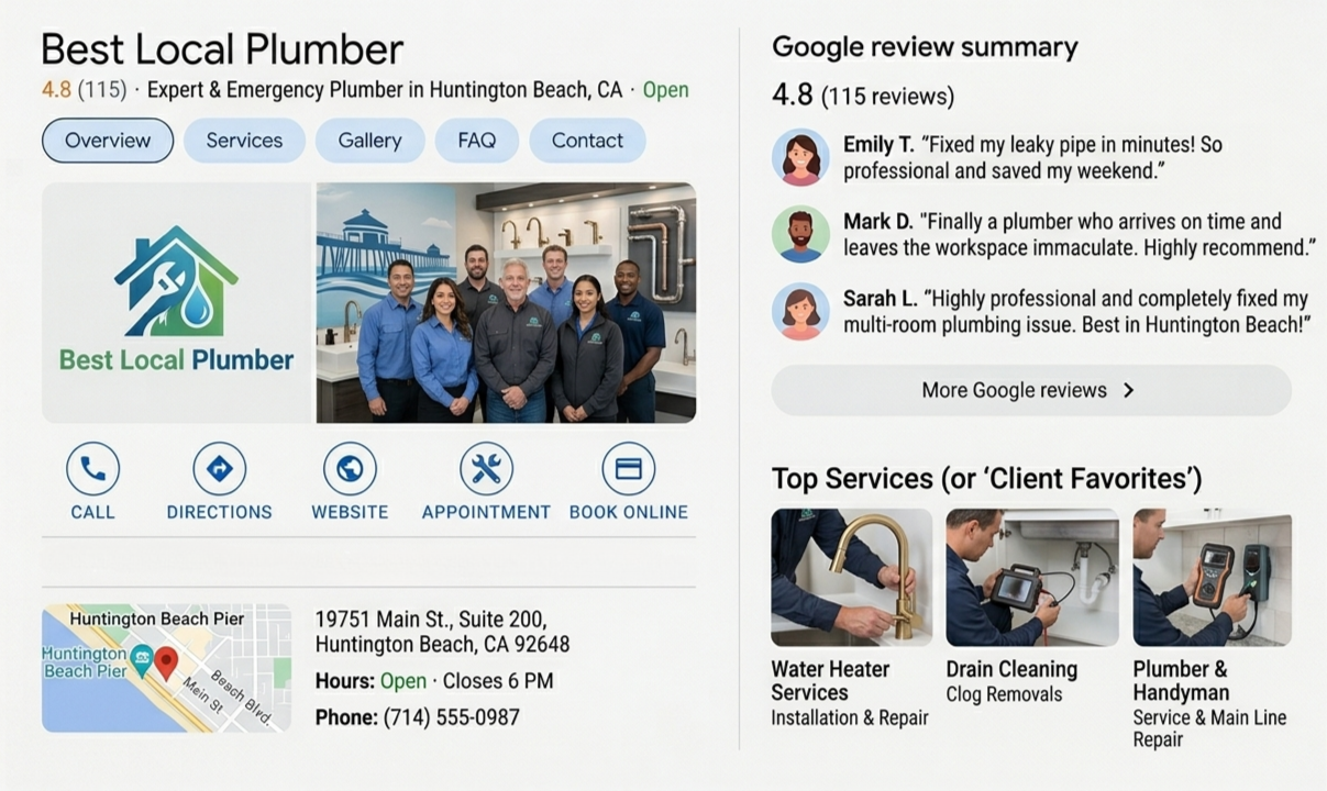 Business profile for Best Local Plumber in Huntington Beach, CA, with company logo, photo of staff, Google reviews, contact info, map location, and top services including water heater installation, drain cleaning, and plumbing repairs.