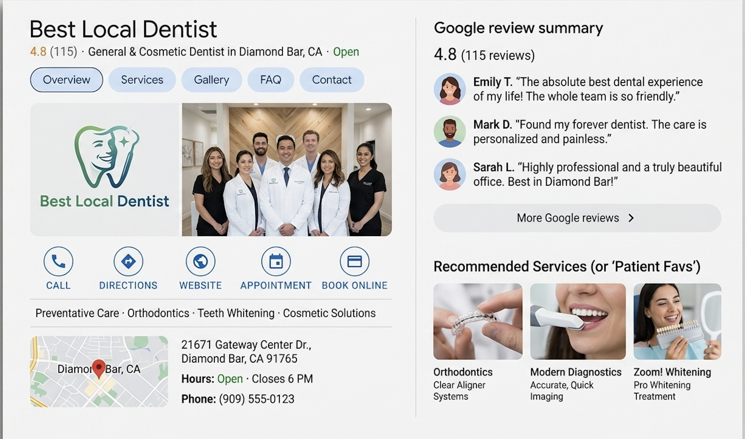 A digital screenshot of a dental clinic's webpage featuring the clinic's name as 'Best Local Dentist' with a logo of a smiling face inside a tooth. The page displays a group photo of six dental staff members in white coats and black scrubs, standing in a modern, well-lit reception area. Navigation buttons for calling, directions, website, appointment, and online booking are located below the photo. The webpage highlights services such as preventative care, orthodontics, teeth whitening, and cosmetic solutions, and provides the clinic’s address in Diamond Bar, CA, along with its hours of operation, contact number, and a brief Google review summary praising the clinic.