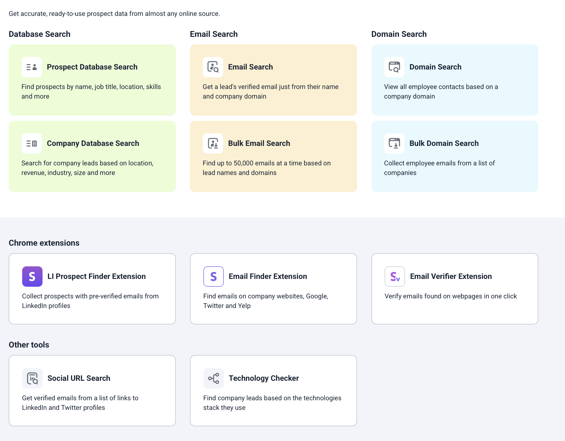 A webpage showing different search options and tools for prospect data, including database searches for prospects and companies, email searches, domain searches, Chrome extensions for prospect finding, email verification, social URL search, and technology tracking