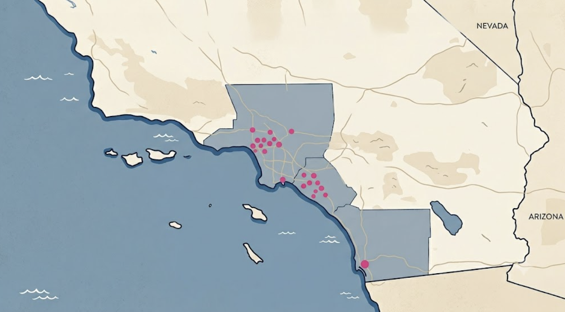 Map of Southern California showing a shaded area and pink dots indicating specific locations in Los Angeles and surrounding regions.