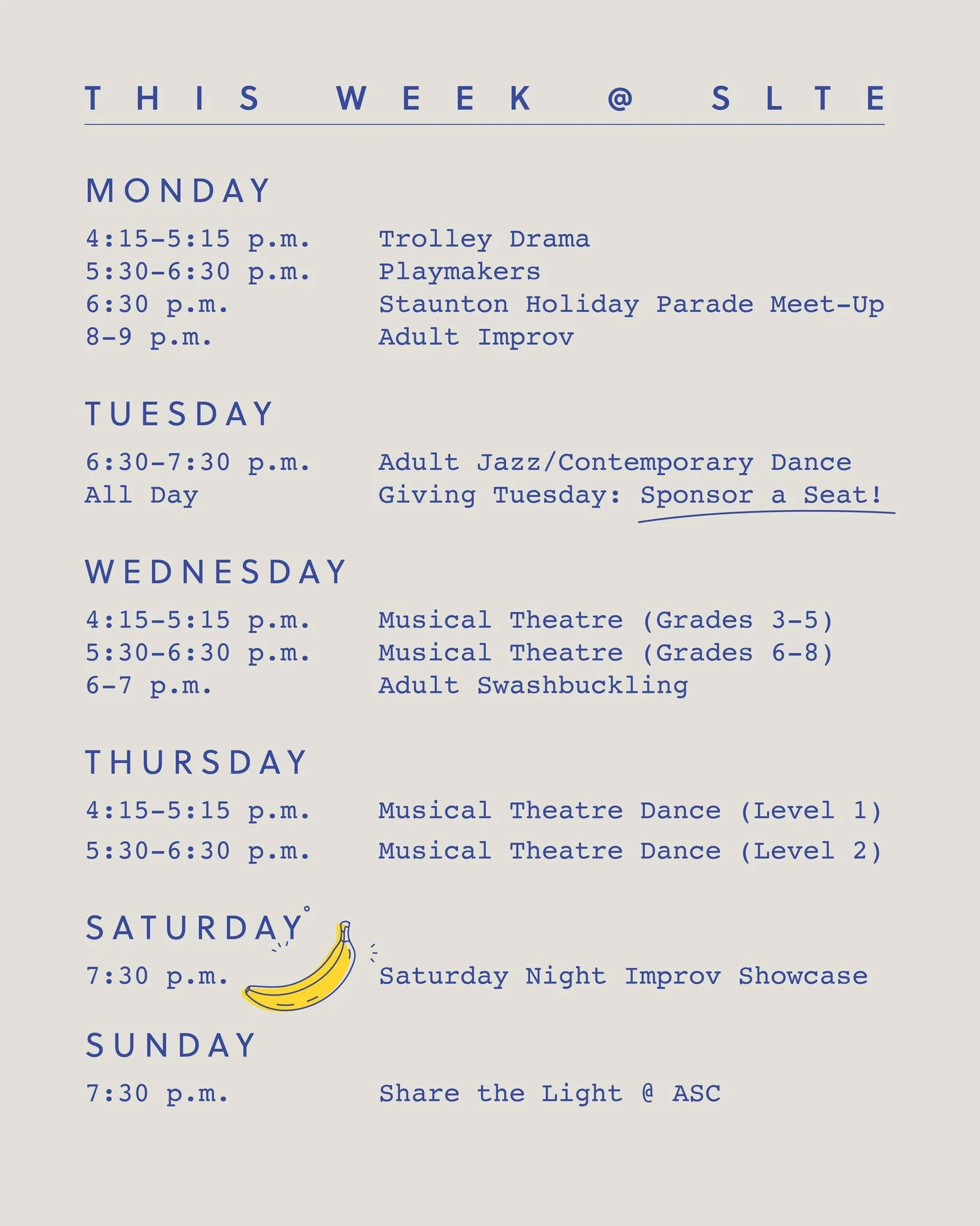Classes are back in swing after the 🍗 break, Staunton Holiday Parade, Saturday Night Improv and more -- check out this week at @silverlinetheatre