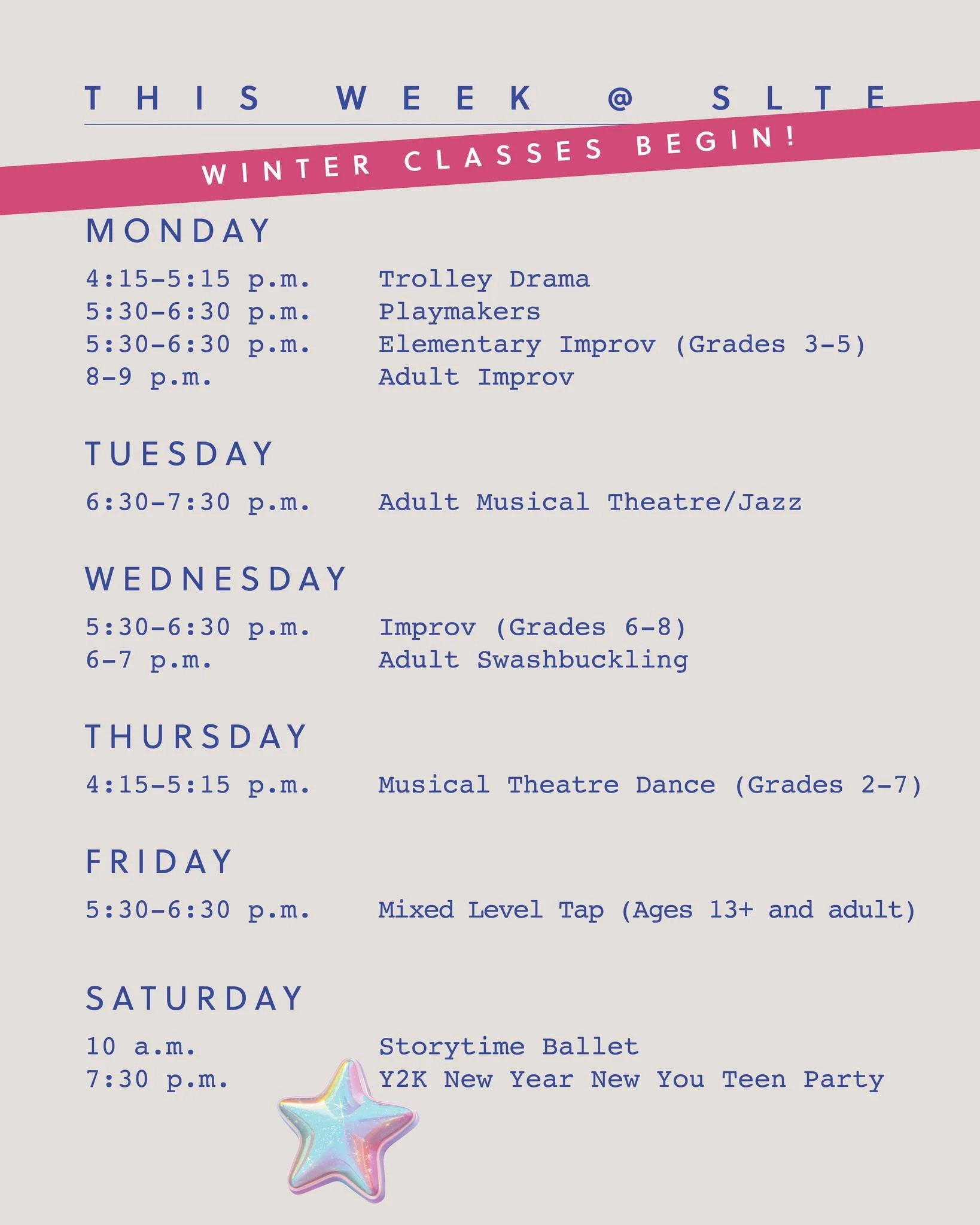 Winter classes begin this week! If you're on the fence about signing up, feel free to show up and attend your first class free! 

PLEASE NOTE: The start date for Acting for Film has been POSTPONED until we meet our minimum enrollment number. We need 