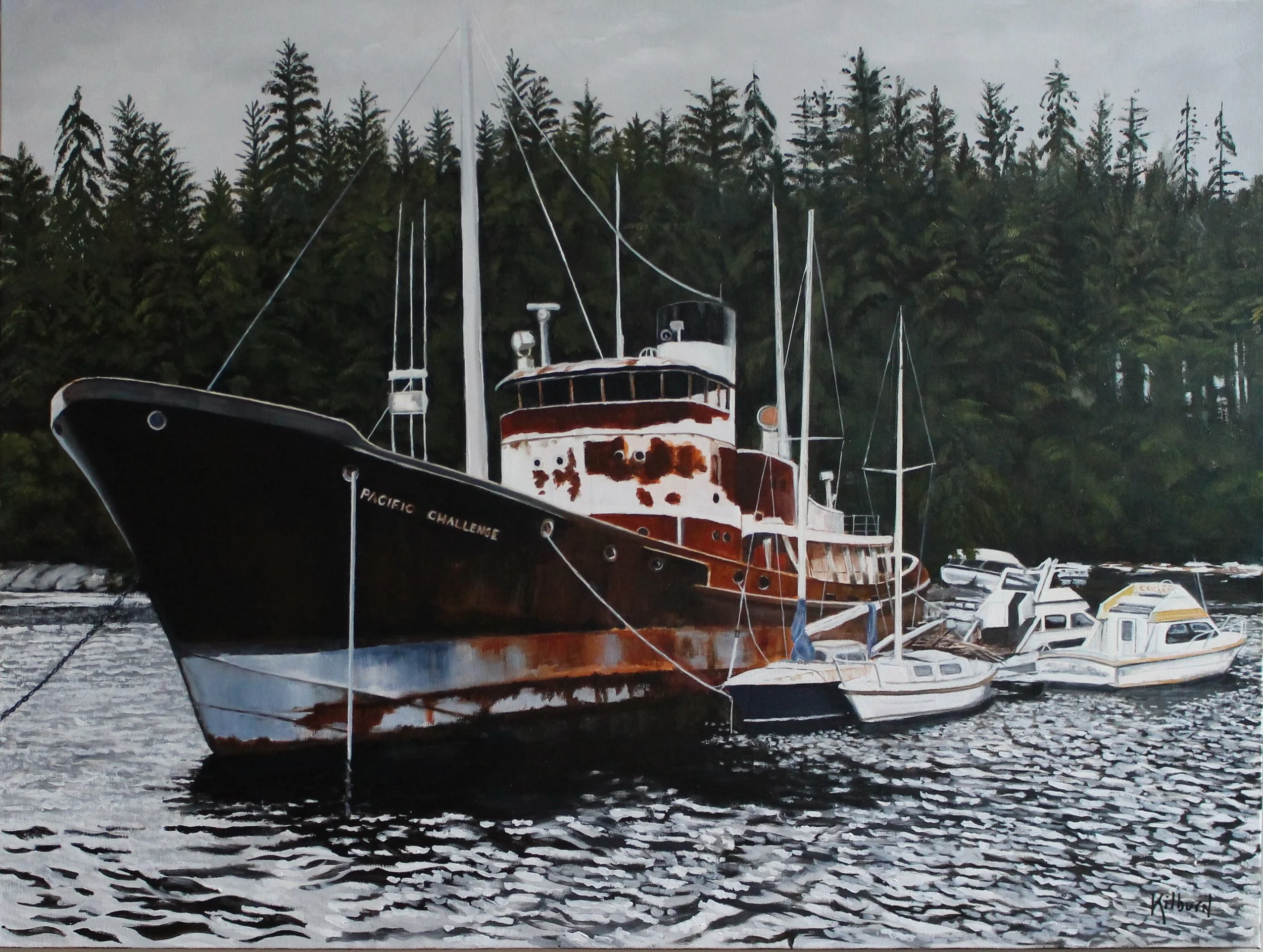 This is an abandoned boat in Pender Harbour.  There are lots of them up and down the west coast.  They are a navigational and environmental hazard.  The painting is 30x40 oil on canvas.