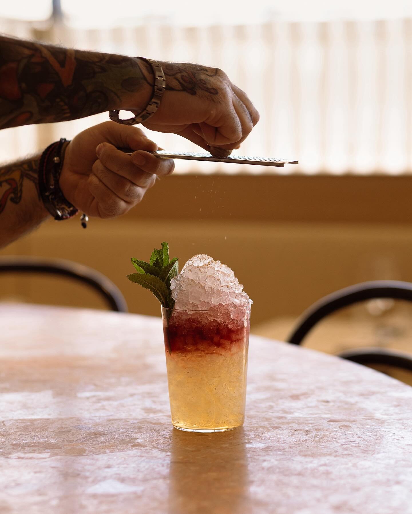 PERA SECA: 

As a reimagined version of a sherry cobbler, this cocktail takes on a whole new life with pisco as the base and a ruby port float. It contains pisco, verjus, pear brandy, and a house made spiced amontillado sherry syrup. 

A drink so goo