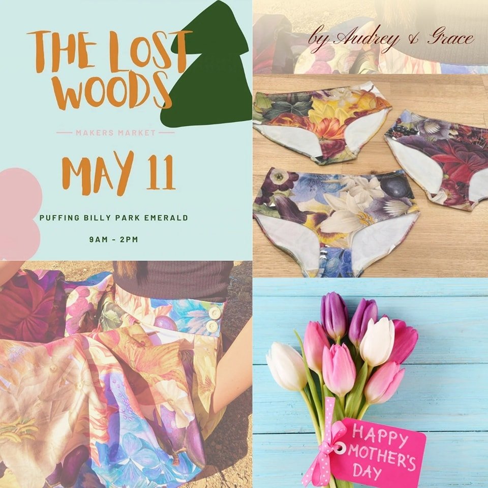 It is time for @thelostwoodsmarket in Emerald again and it's just in time for Mothers day! Come and grab Mum a beautiful, ethically made pair of briefs or a snuggly turtle neck jumper. 
This Saturday
Alongside Puffing Billy Railway station
Emerald
Fr