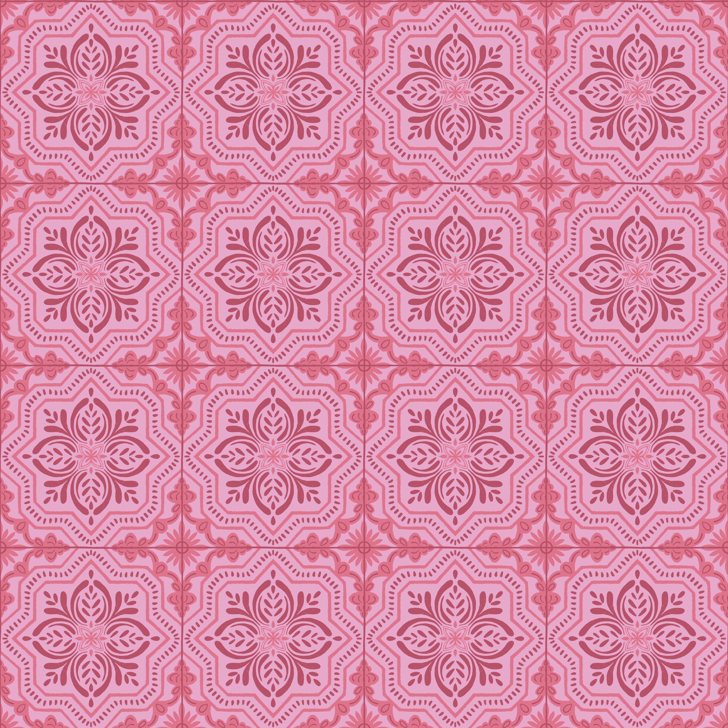Folk Petal Tile surface pattern design — fuschia pink medallion tile pattern with floral motifs